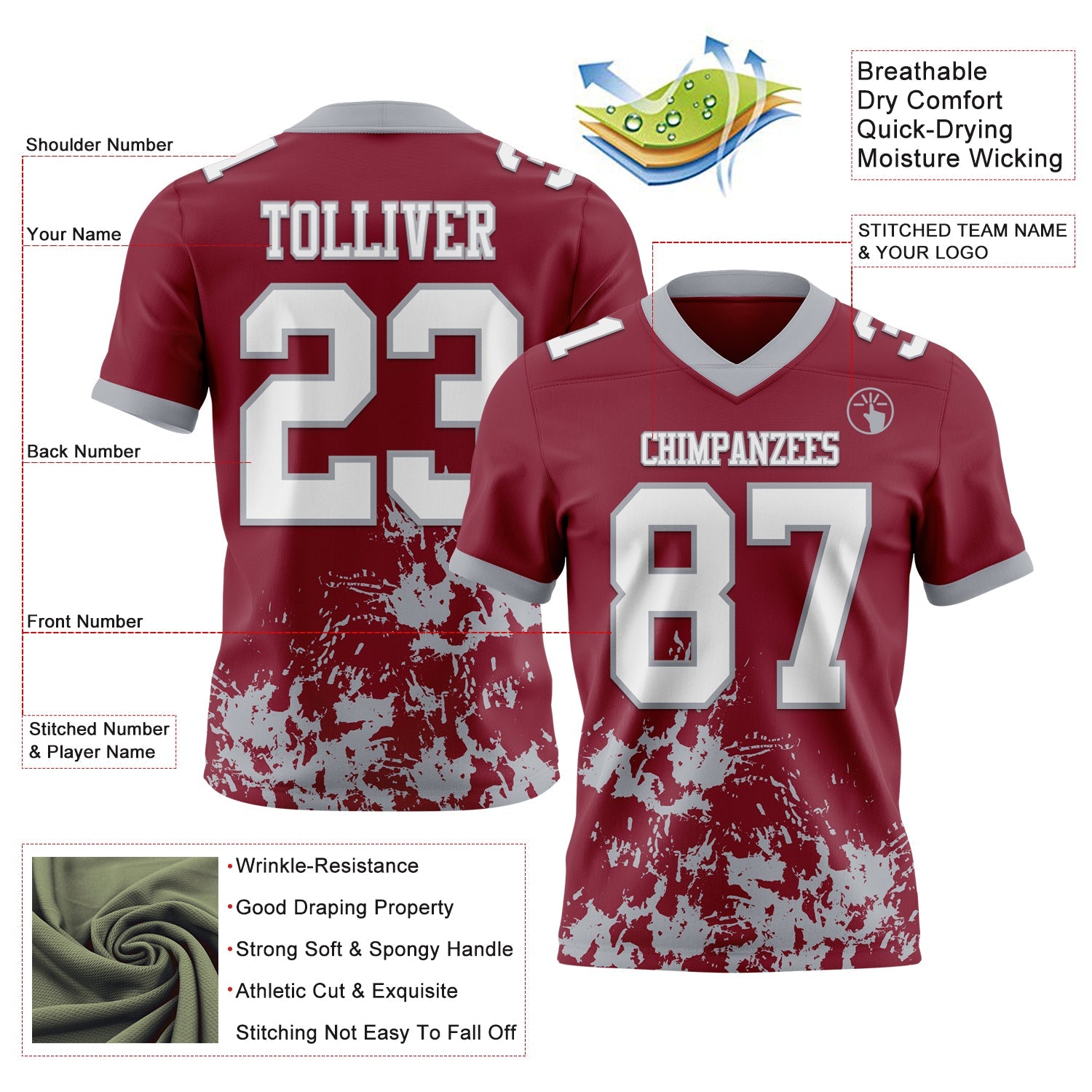 Custom Crimson White-Gray 3D Pattern Splash Authentic Football Jersey