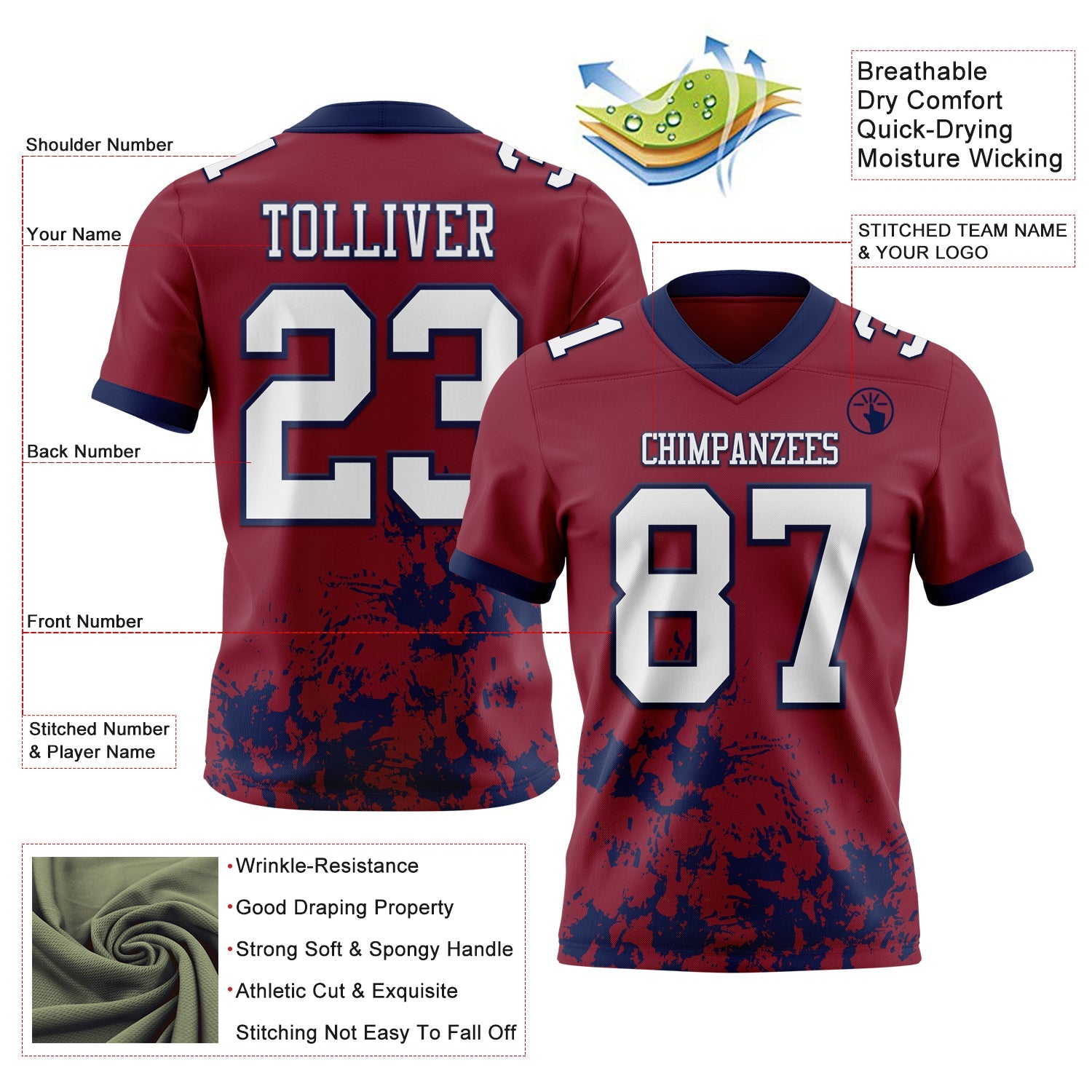 Custom Crimson White-Navy 3D Pattern Splash Authentic Football Jersey