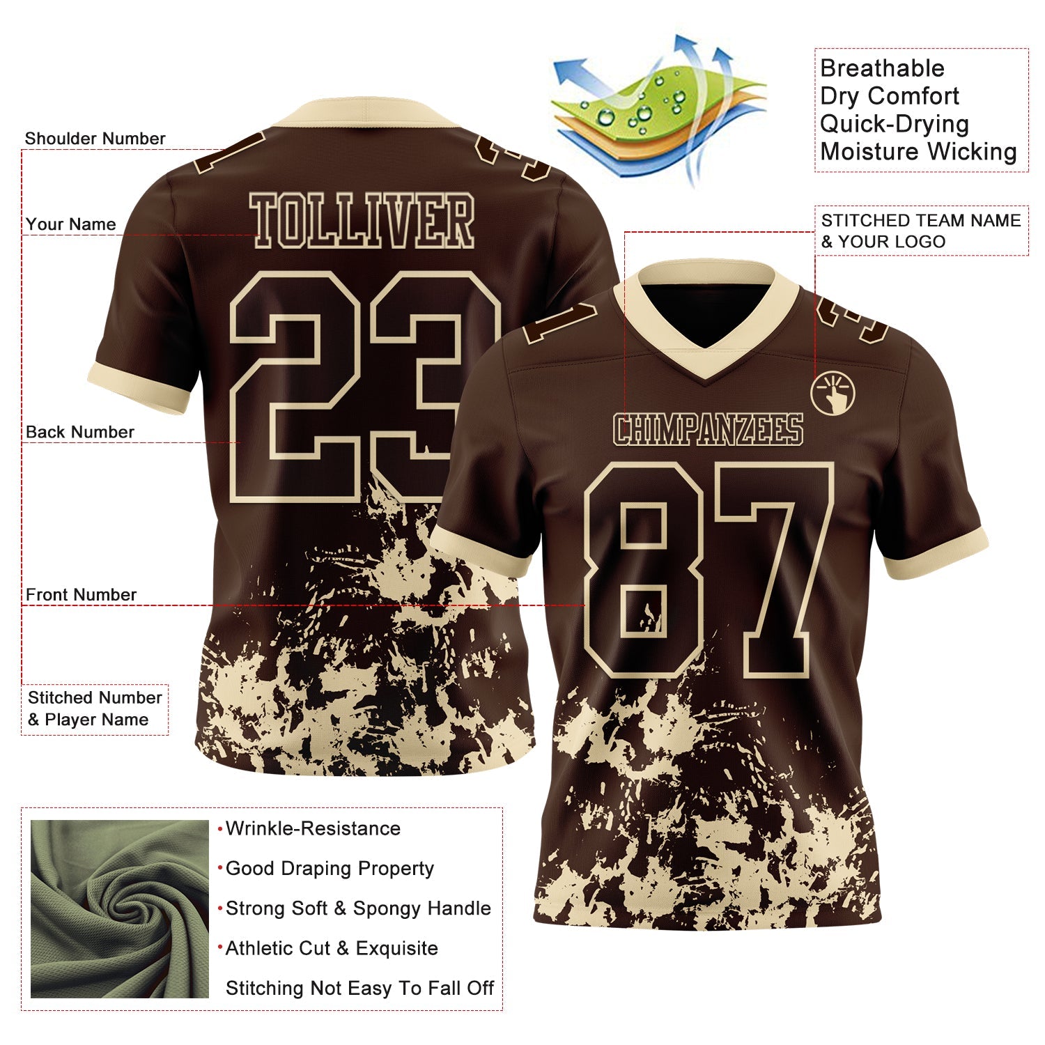 Custom Brown Cream 3D Pattern Splash Authentic Football Jersey