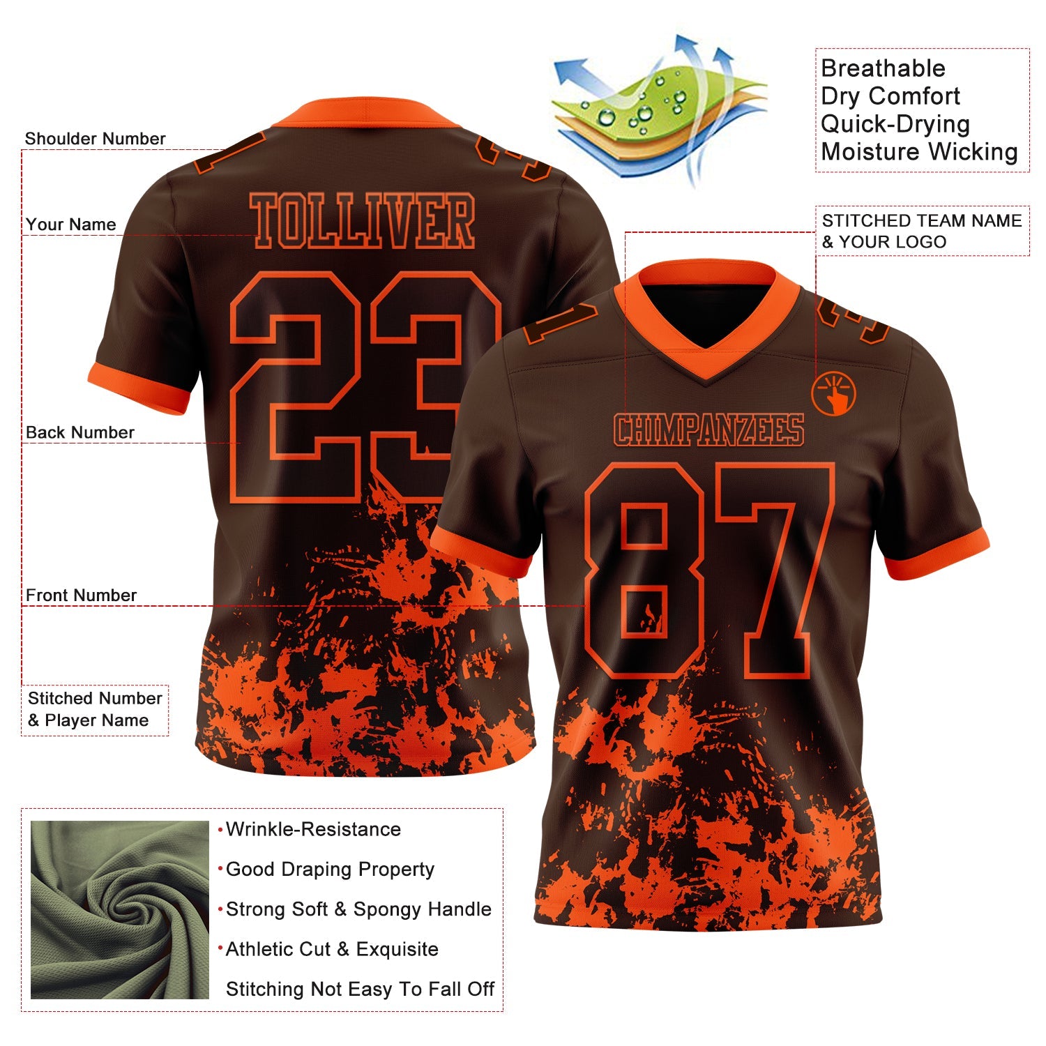 Custom Brown Orange 3D Pattern Splash Authentic Football Jersey