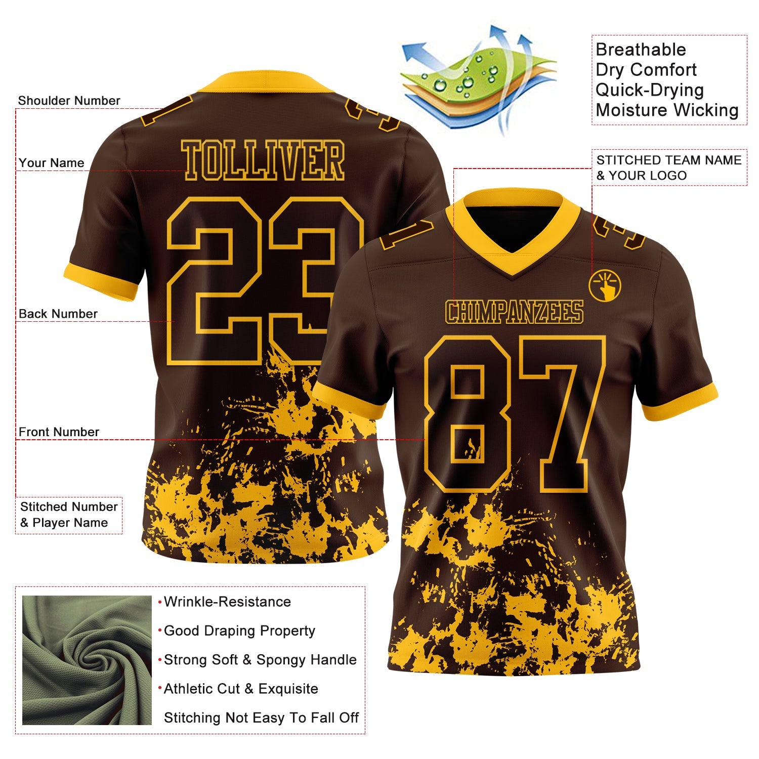 Custom Brown Gold 3D Pattern Splash Authentic Football Jersey