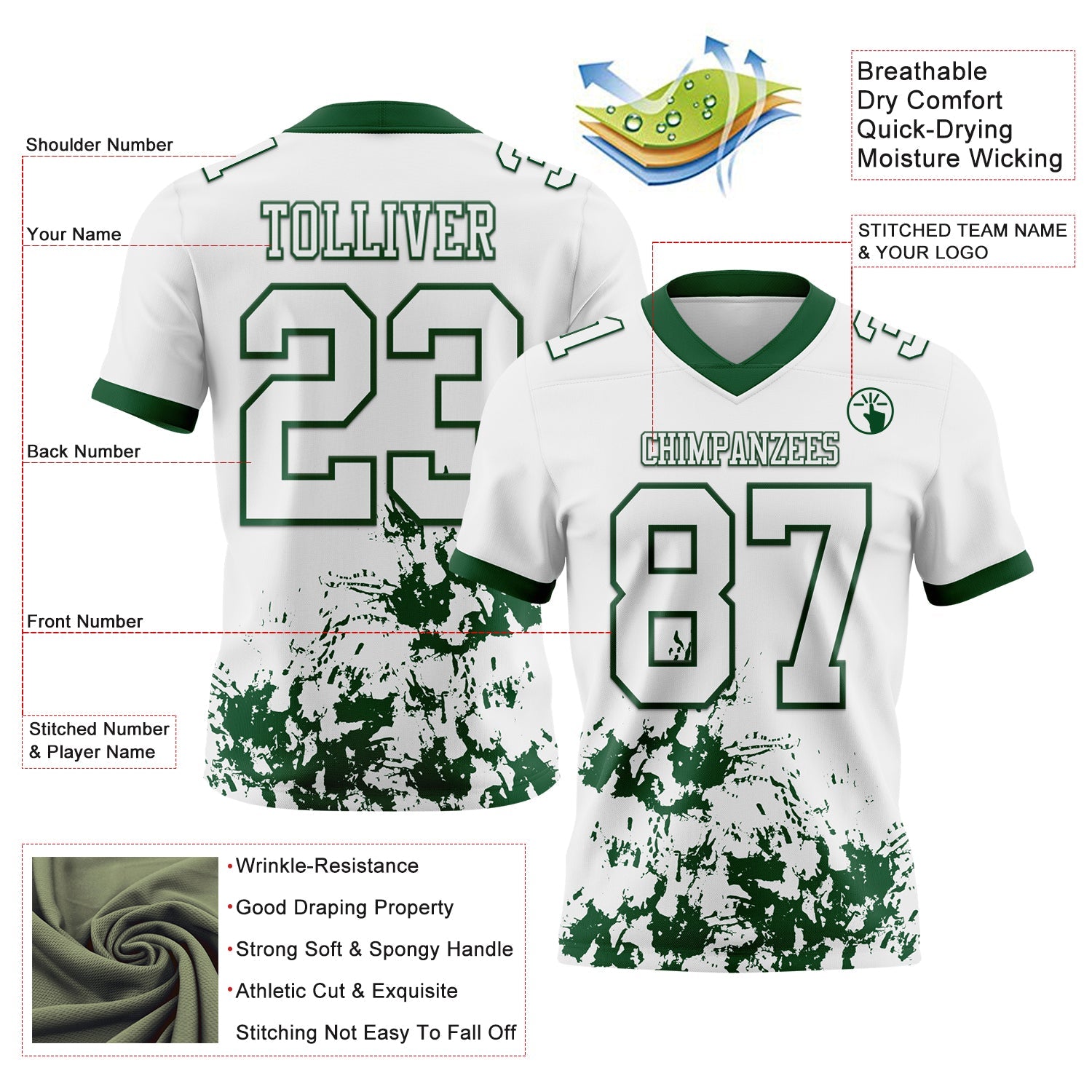 Custom White Green 3D Pattern Splash Authentic Football Jersey