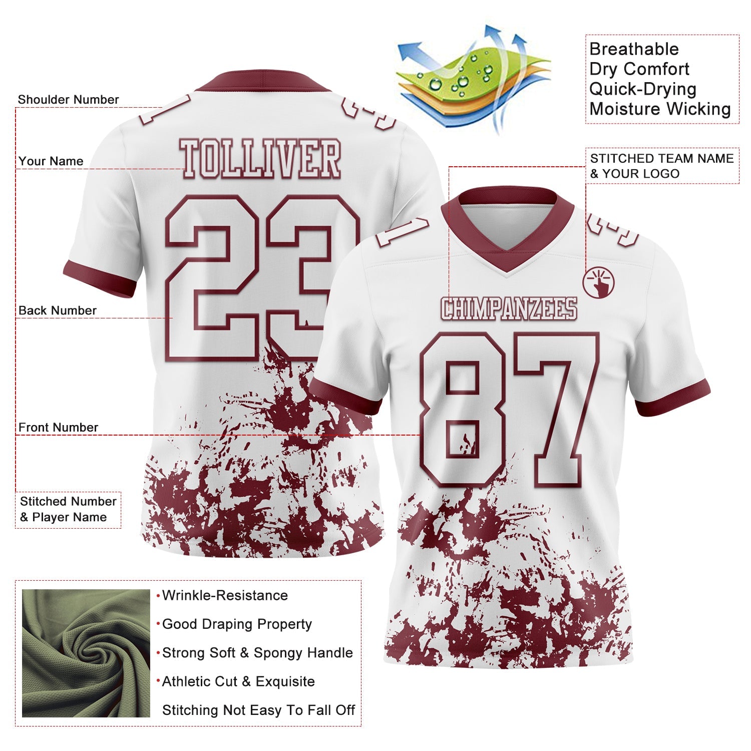 Custom White Burgundy 3D Pattern Splash Authentic Football Jersey