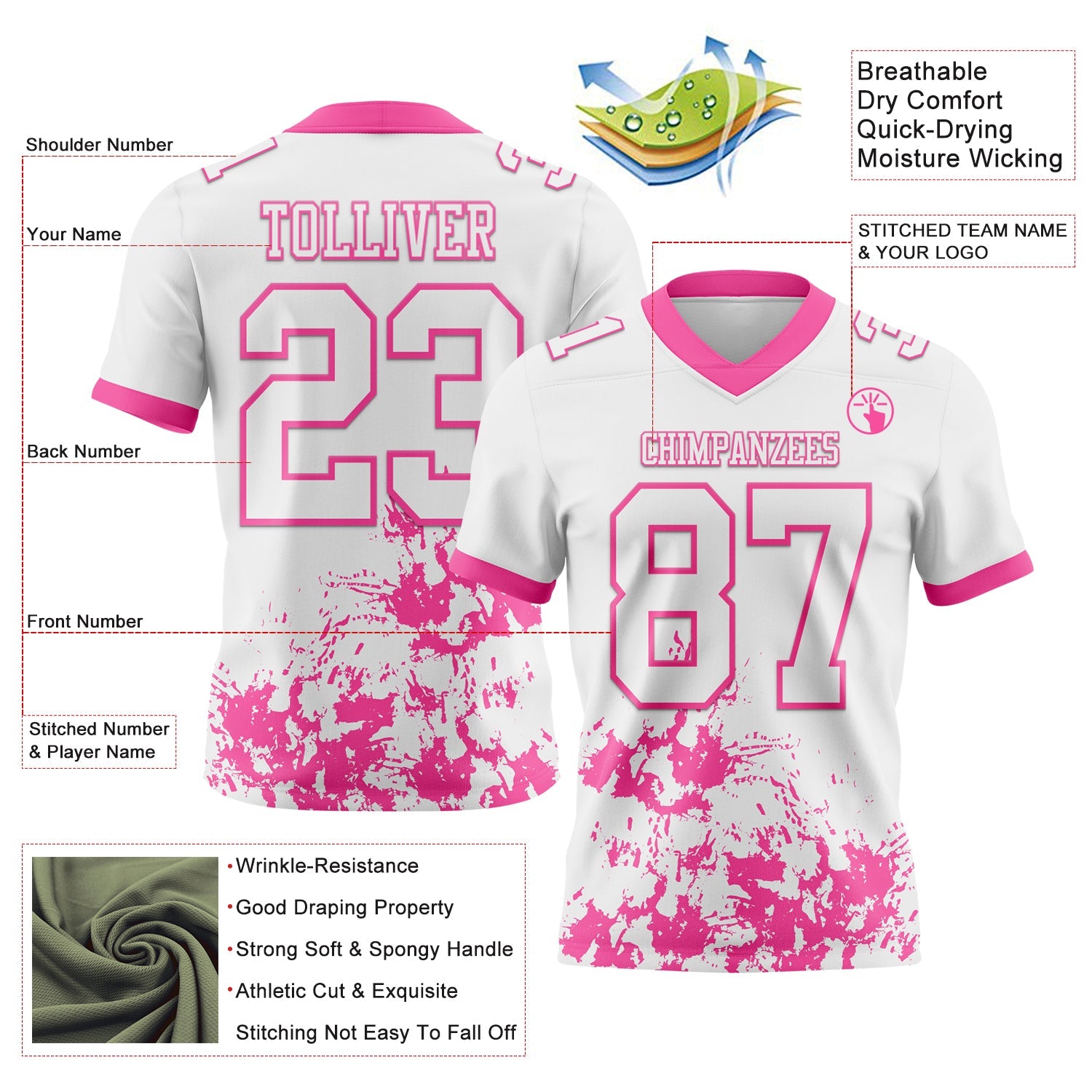 Custom White Pink 3D Pattern Splash Authentic Football Jersey