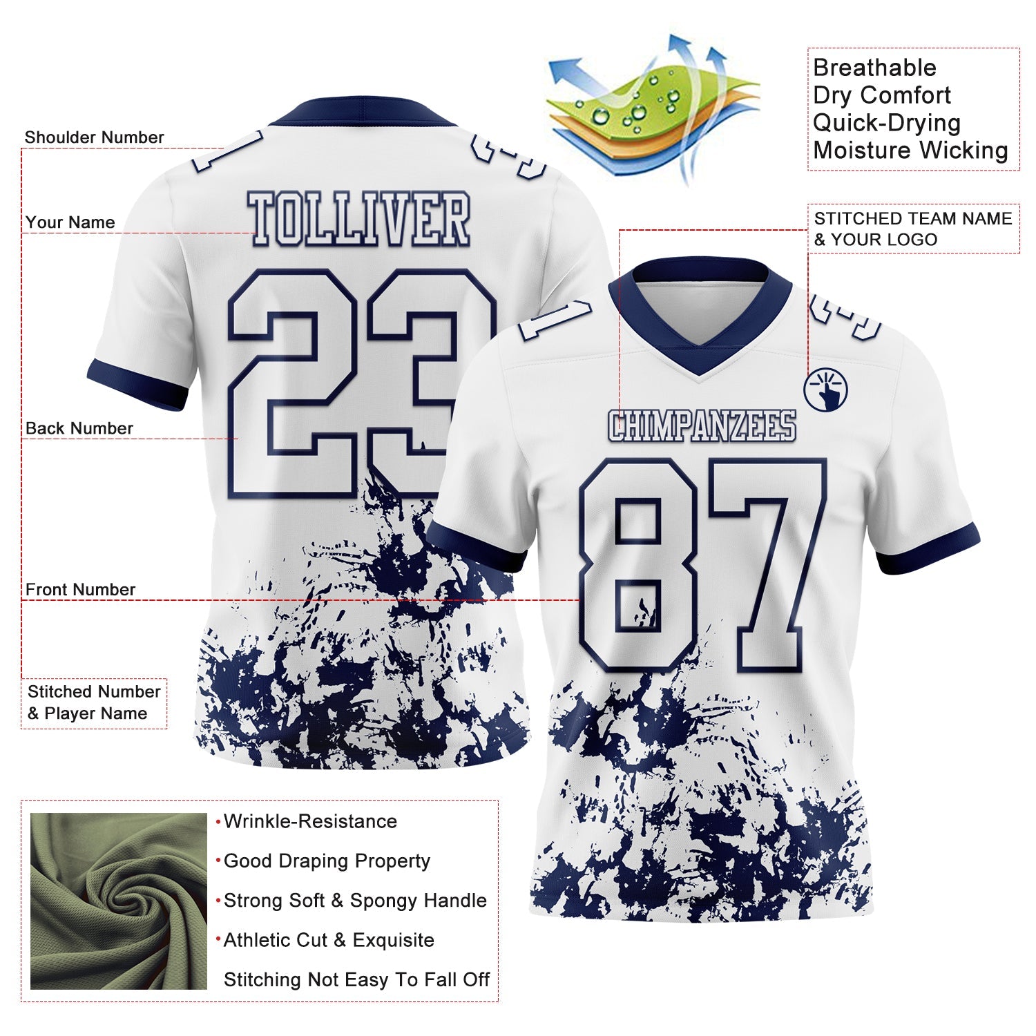 Custom White Navy 3D Pattern Splash Authentic Football Jersey