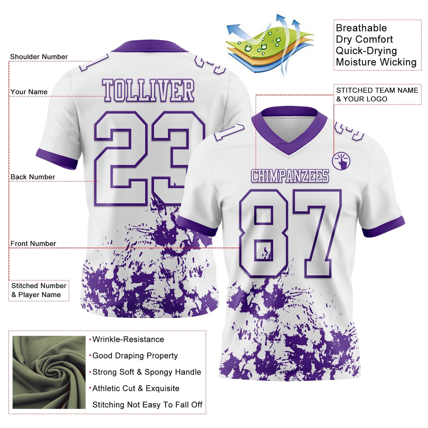 Custom White Purple 3D Pattern Splash Authentic Football Jersey