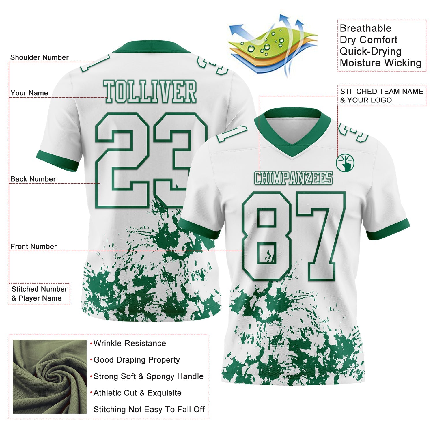 Custom White Kelly Green 3D Pattern Splash Authentic Football Jersey