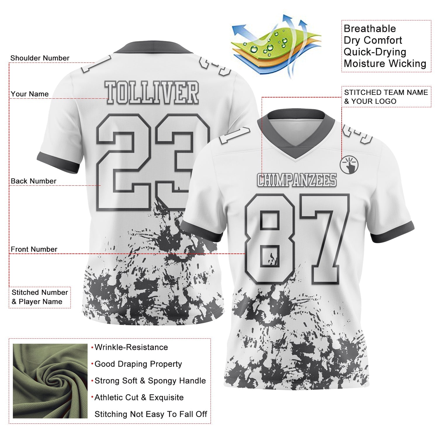 Custom White Steel Gray 3D Pattern Splash Authentic Football Jersey