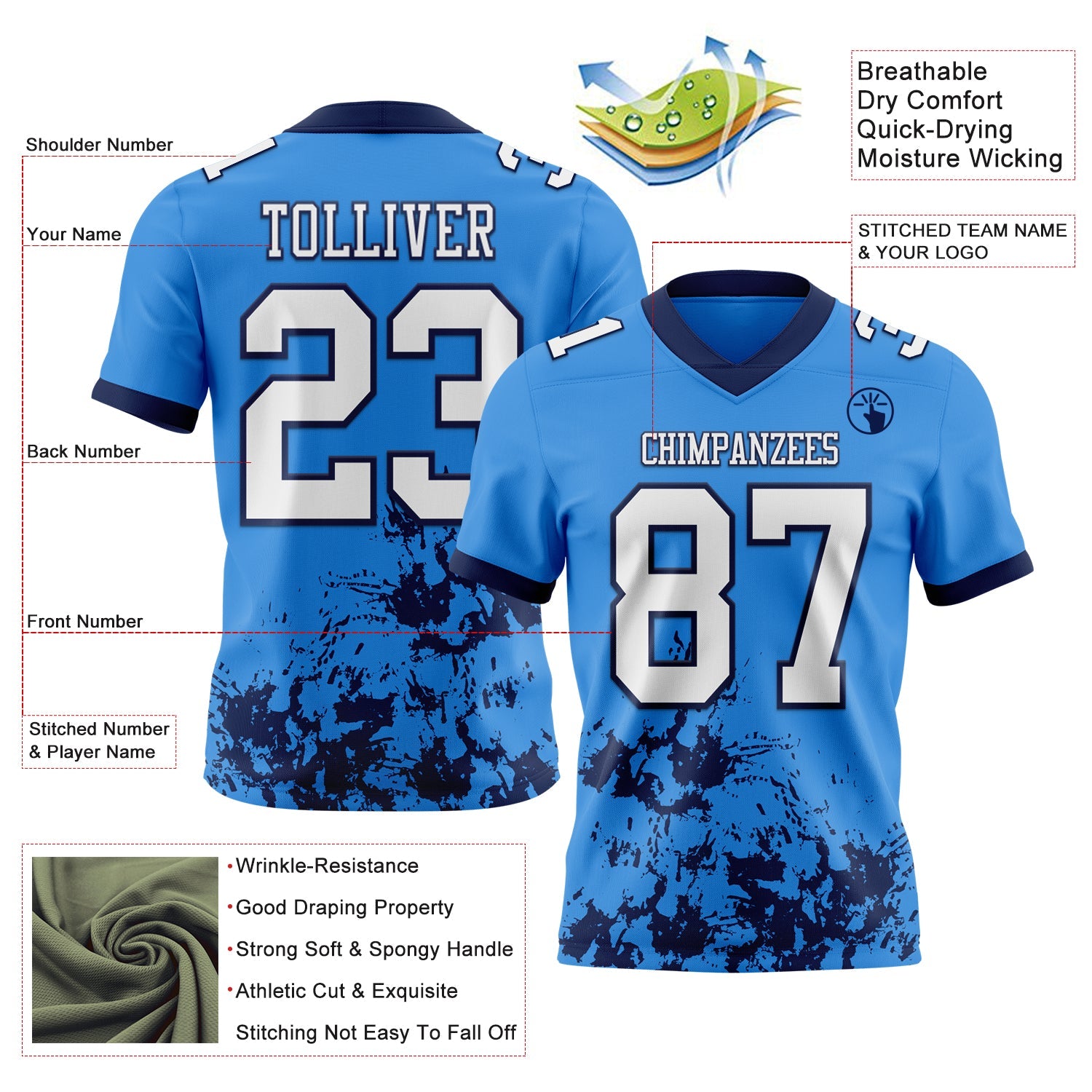 Custom Powder Blue White-Navy 3D Pattern Splash Authentic Football Jersey