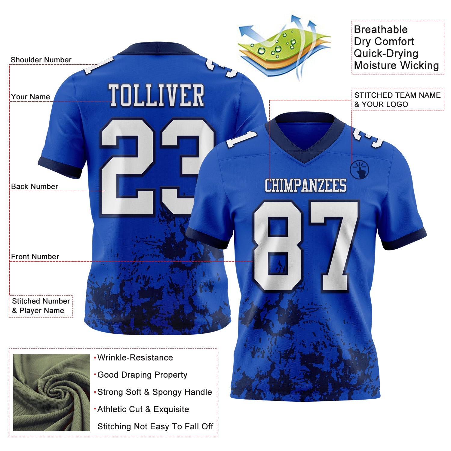 Custom Thunder Blue White-Navy 3D Pattern Splash Authentic Football Jersey