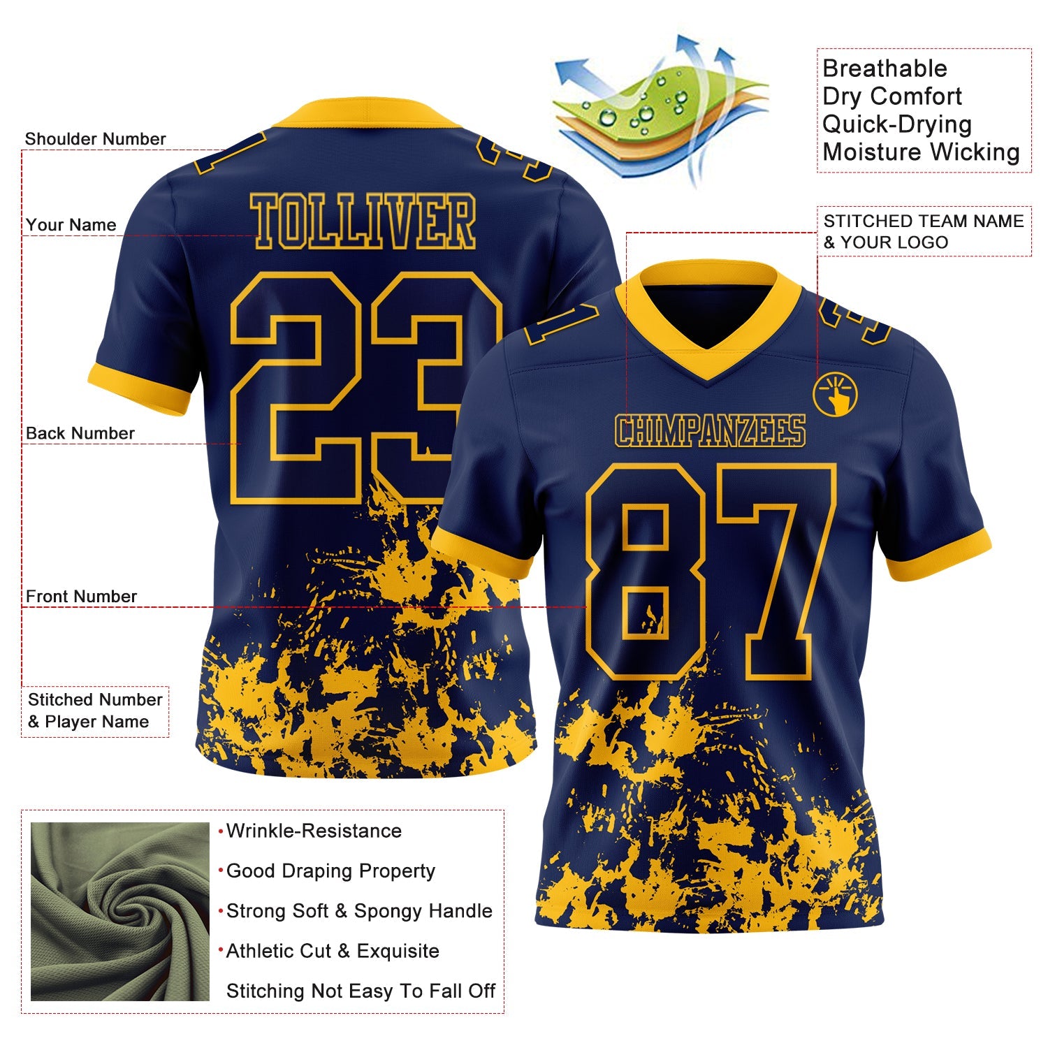 Custom Navy Gold 3D Pattern Splash Authentic Football Jersey