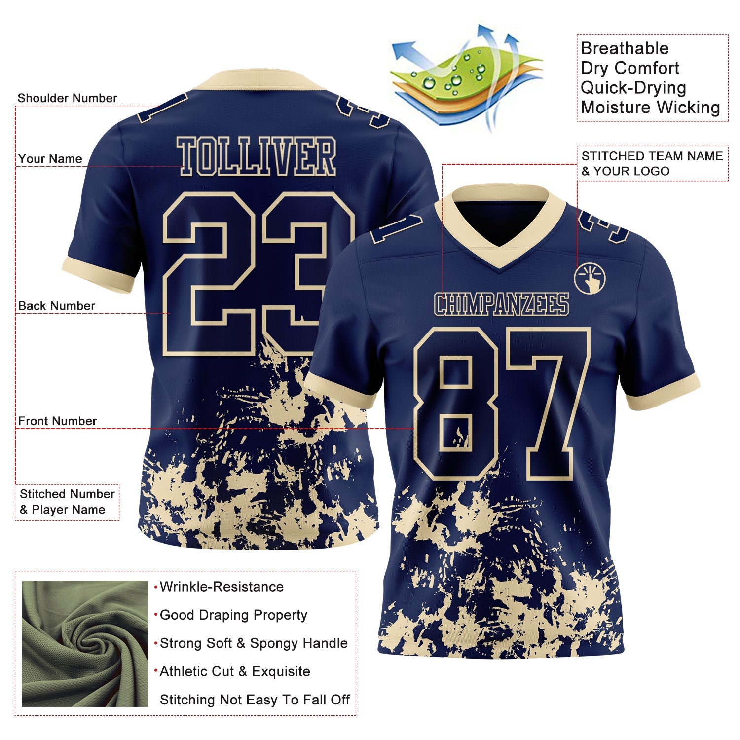Custom Navy Cream 3D Pattern Splash Authentic Football Jersey