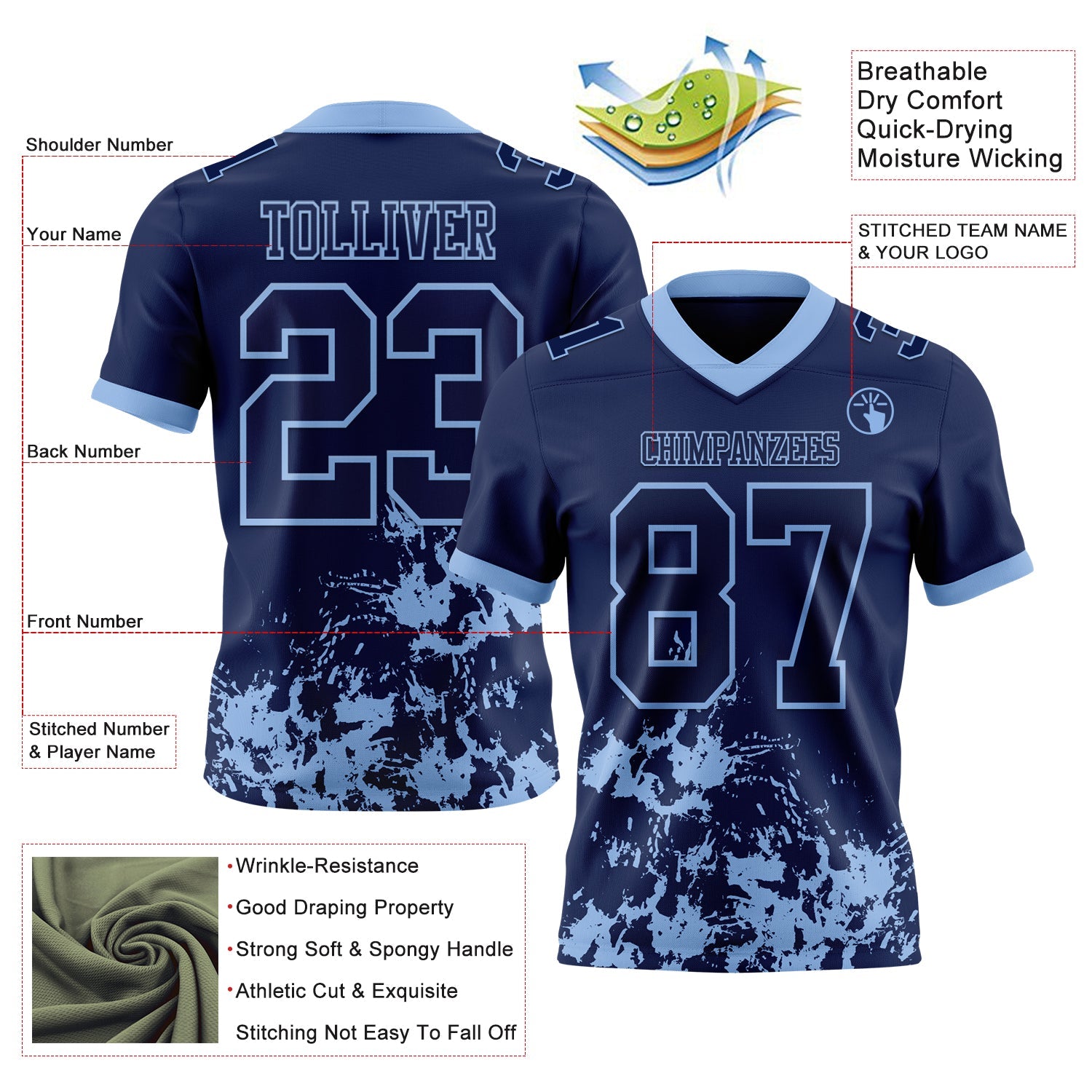 Custom Navy Light Blue 3D Pattern Splash Authentic Football Jersey