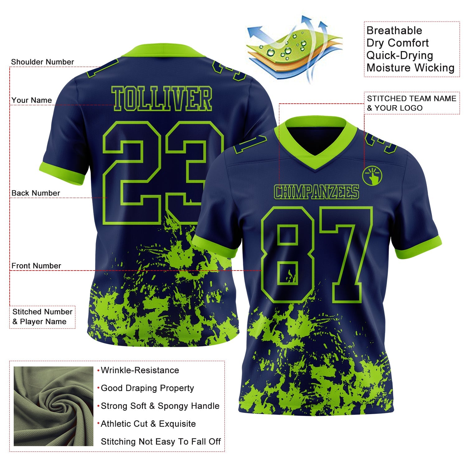 Custom Navy Neon Green 3D Pattern Splash Authentic Football Jersey