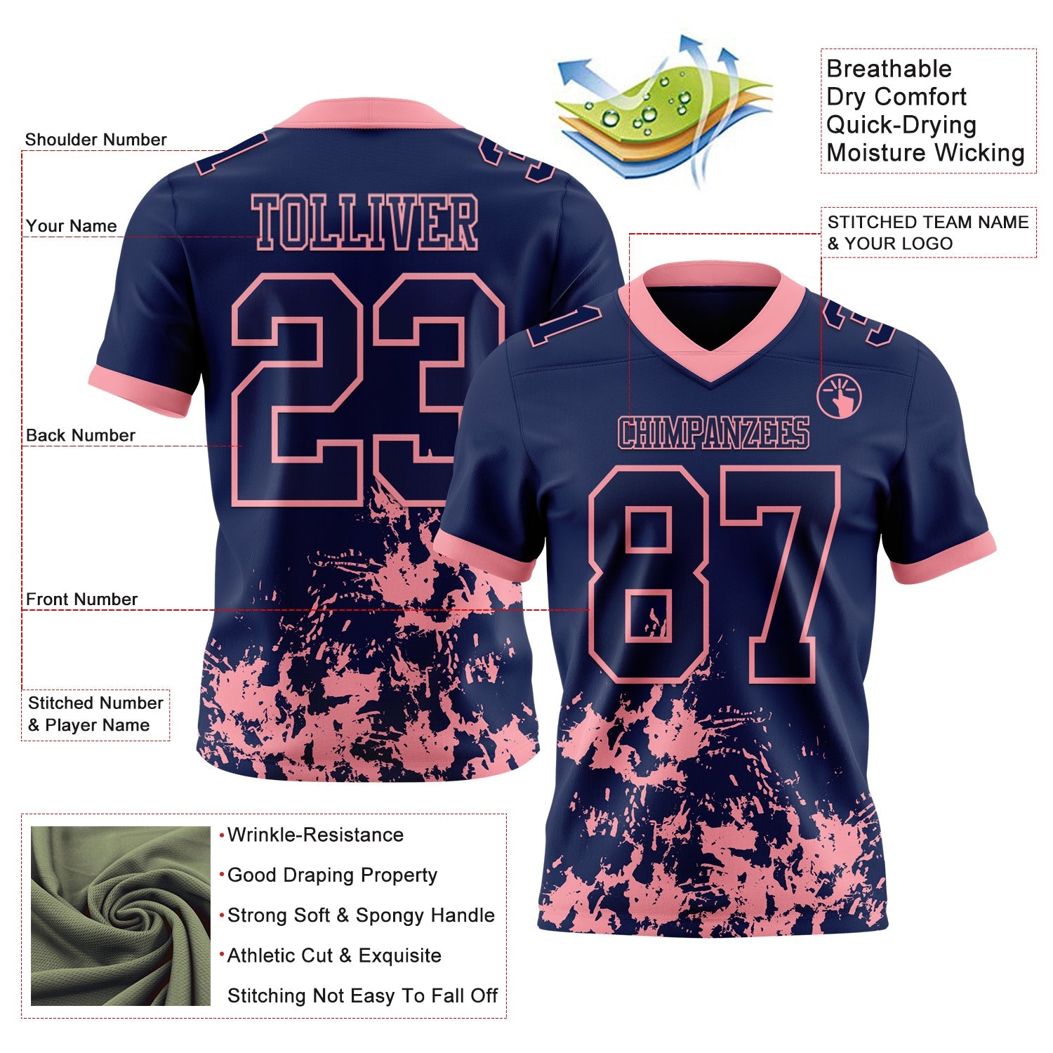 Custom Navy Medium Pink 3D Pattern Splash Authentic Football Jersey