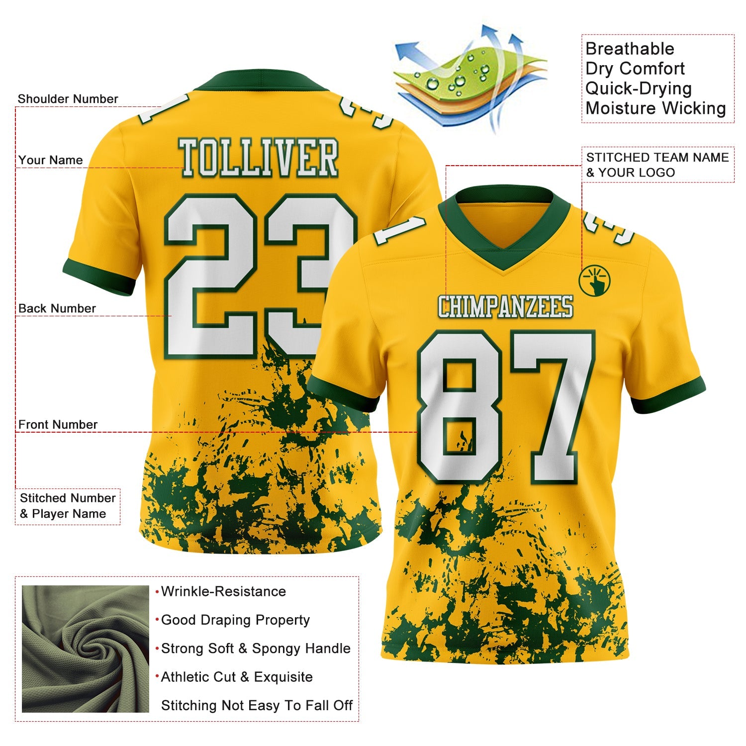 Custom Gold White-Green 3D Pattern Splash Authentic Football Jersey