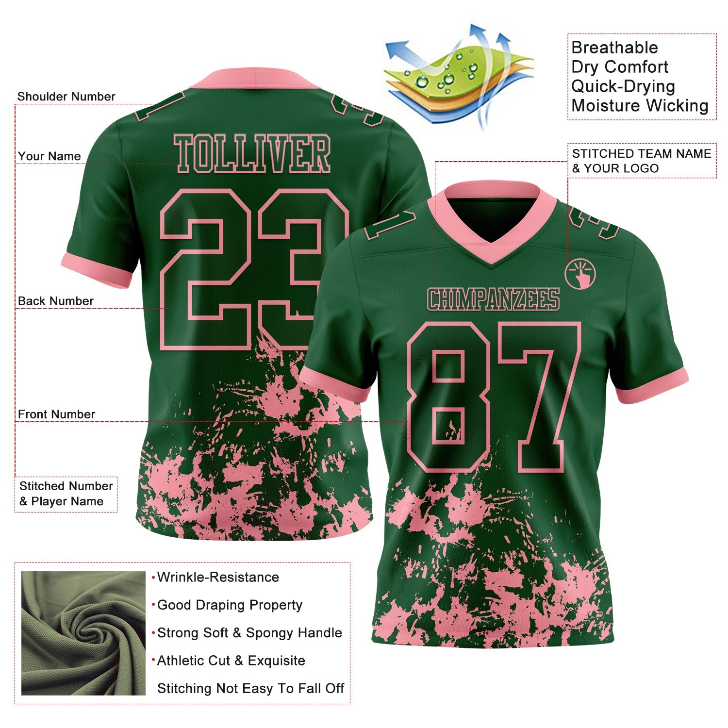 Custom Green Medium Pink 3D Pattern Splash Authentic Football Jersey