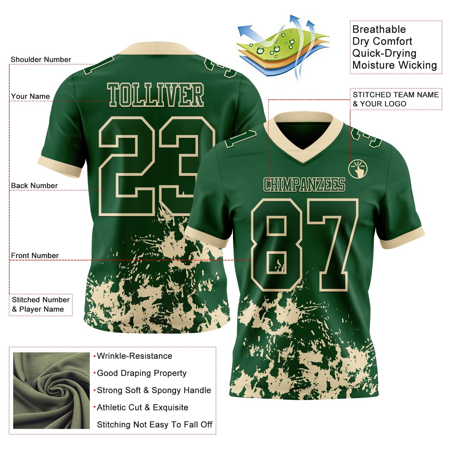 Custom Green Cream 3D Pattern Splash Authentic Football Jersey