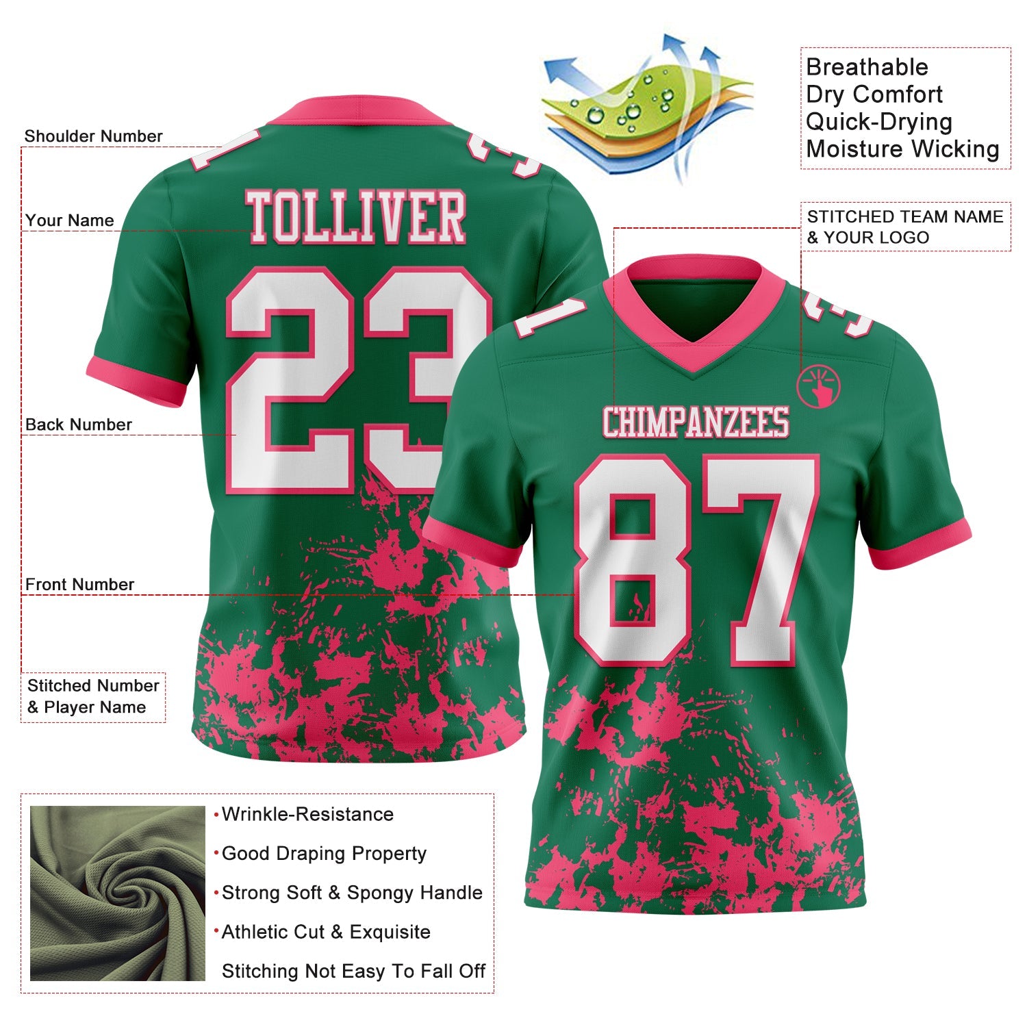 Custom Kelly Green White-Neon Pink 3D Pattern Splash Authentic Football Jersey
