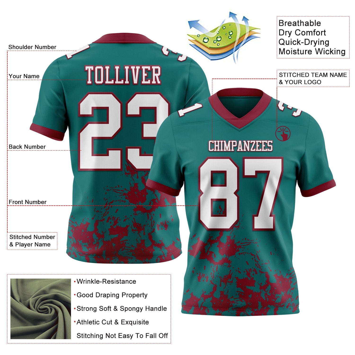 Custom Teal White-Crimson 3D Pattern Splash Authentic Football Jersey