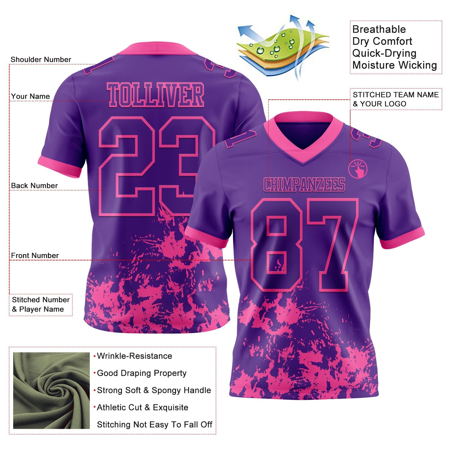 Custom Purple Pink 3D Pattern Splash Authentic Football Jersey