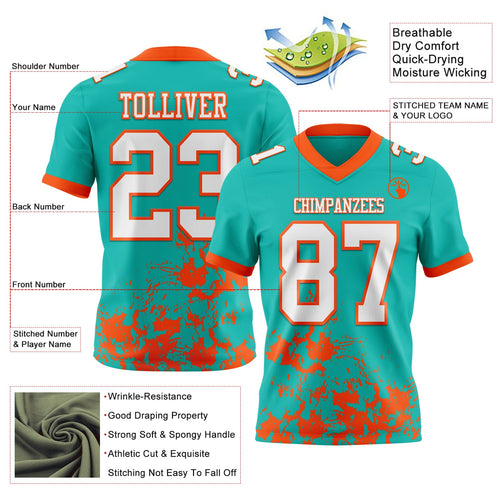 Custom Aqua White-Orange 3D Pattern Splash Authentic Football Jersey