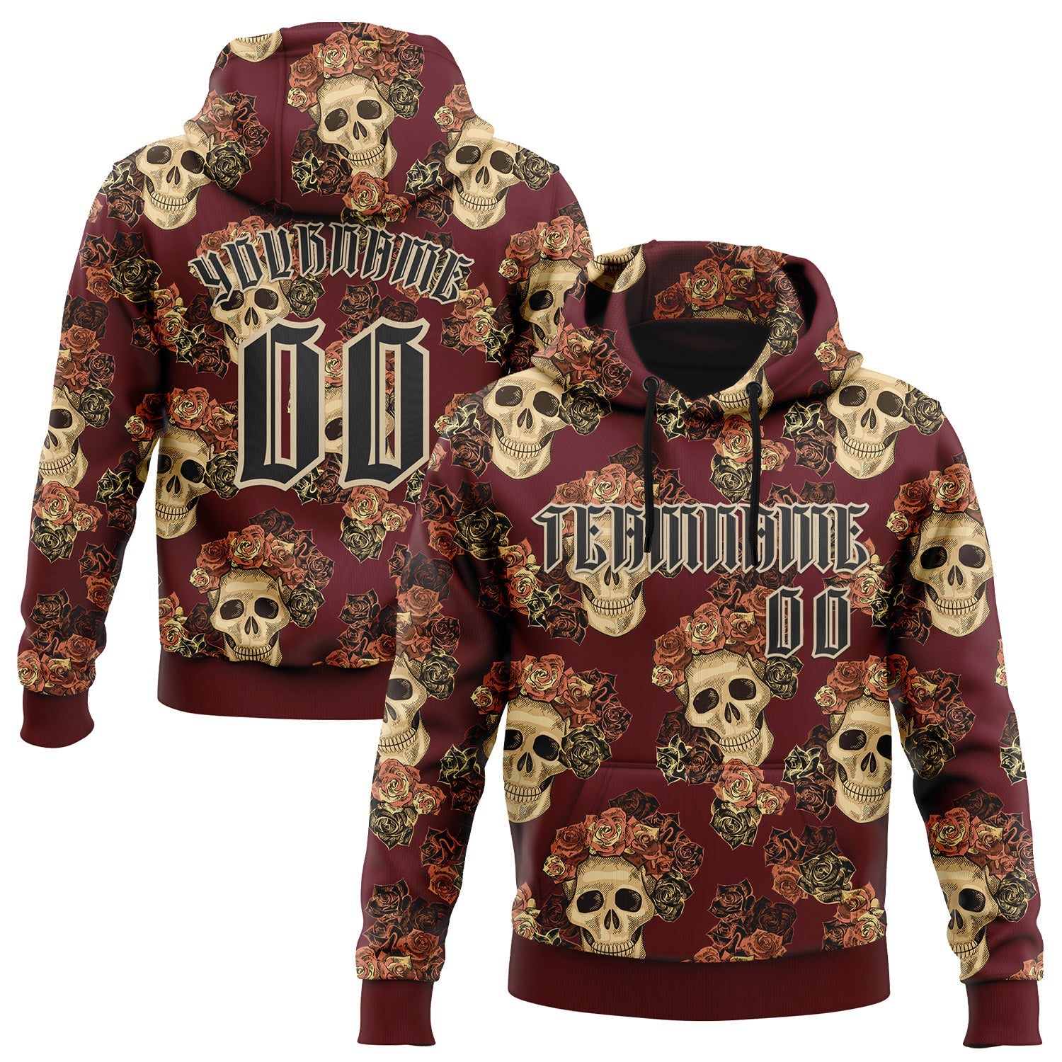 Custom Burgundy Black-City Cream 3D Skull Roses Gothic Vintage Sports Pullover Sweatshirt Hoodie