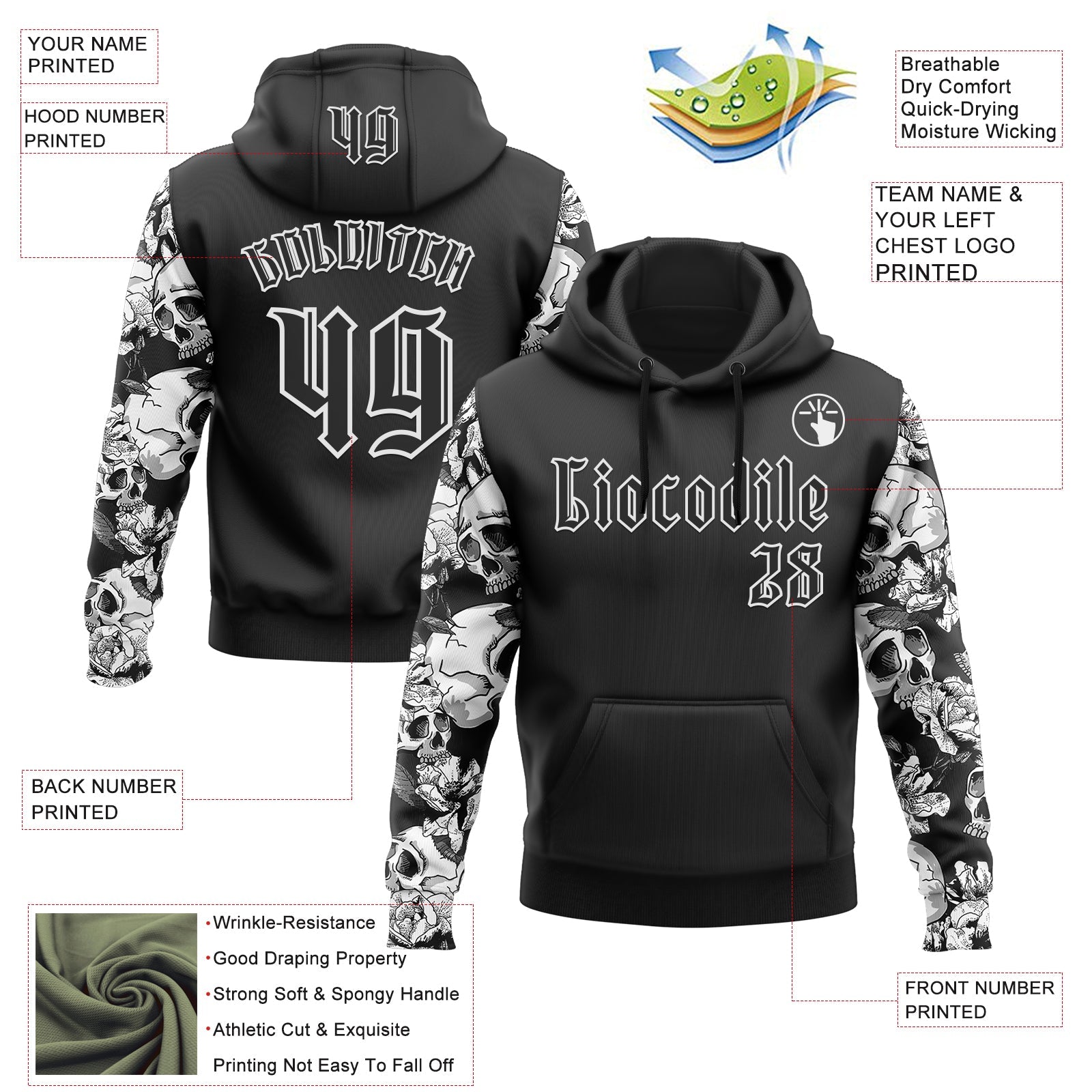 Custom Black White 3D Skull Roses Gothic Sports Pullover Sweatshirt Hoodie
