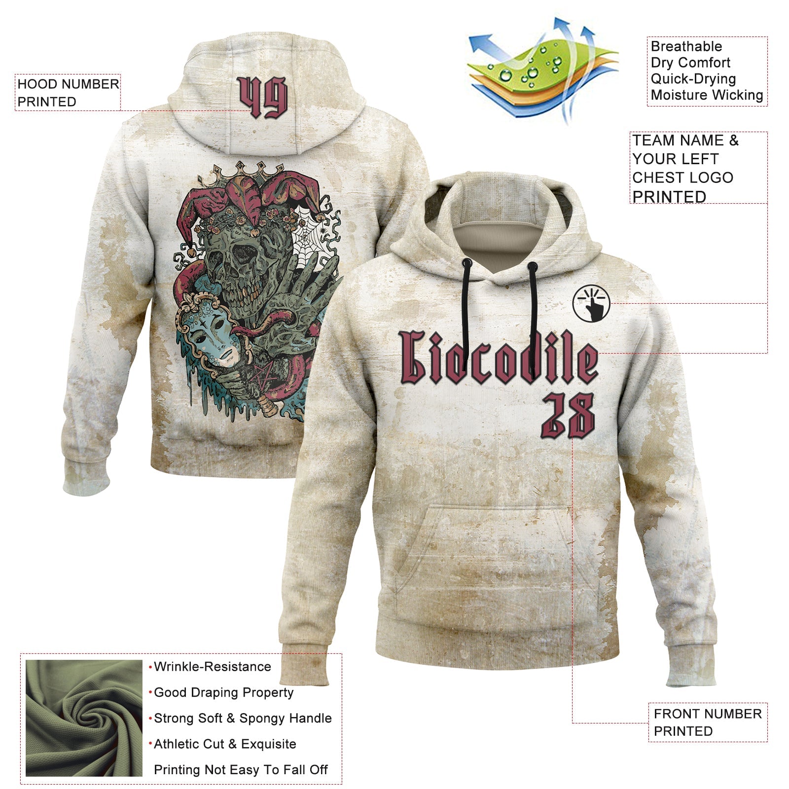 Custom Brown Pink-Black 3D Skull Gothic Clown Vintage Grunge Art Sports Pullover Sweatshirt Hoodie