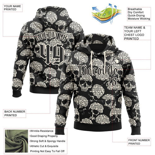Custom Black Cream 3D Skull Gothic Vintage Grunge Art Sports Pullover Sweatshirt Hoodie