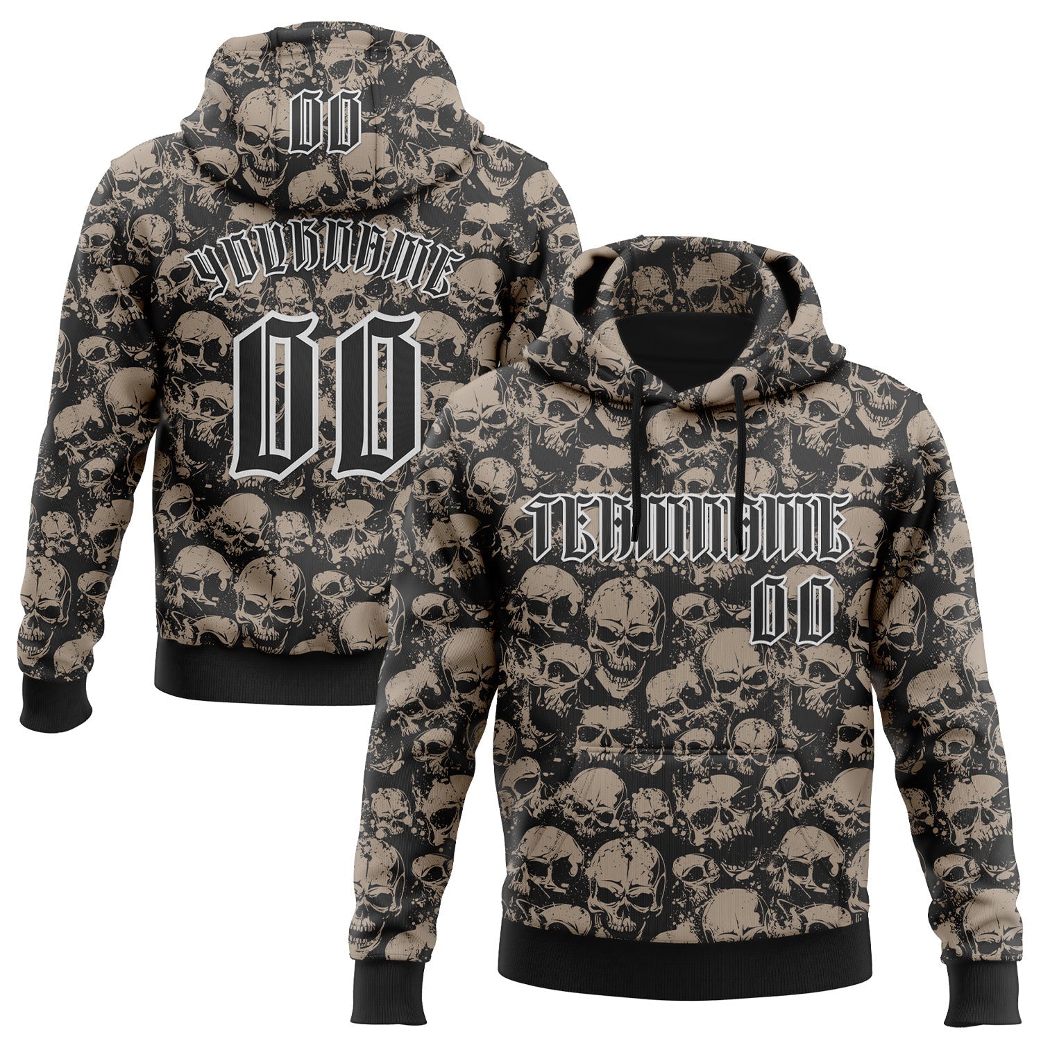 Custom Black White 3D Skull Gothic Vintage Grunge Art Sports Pullover Sweatshirt Hoodie