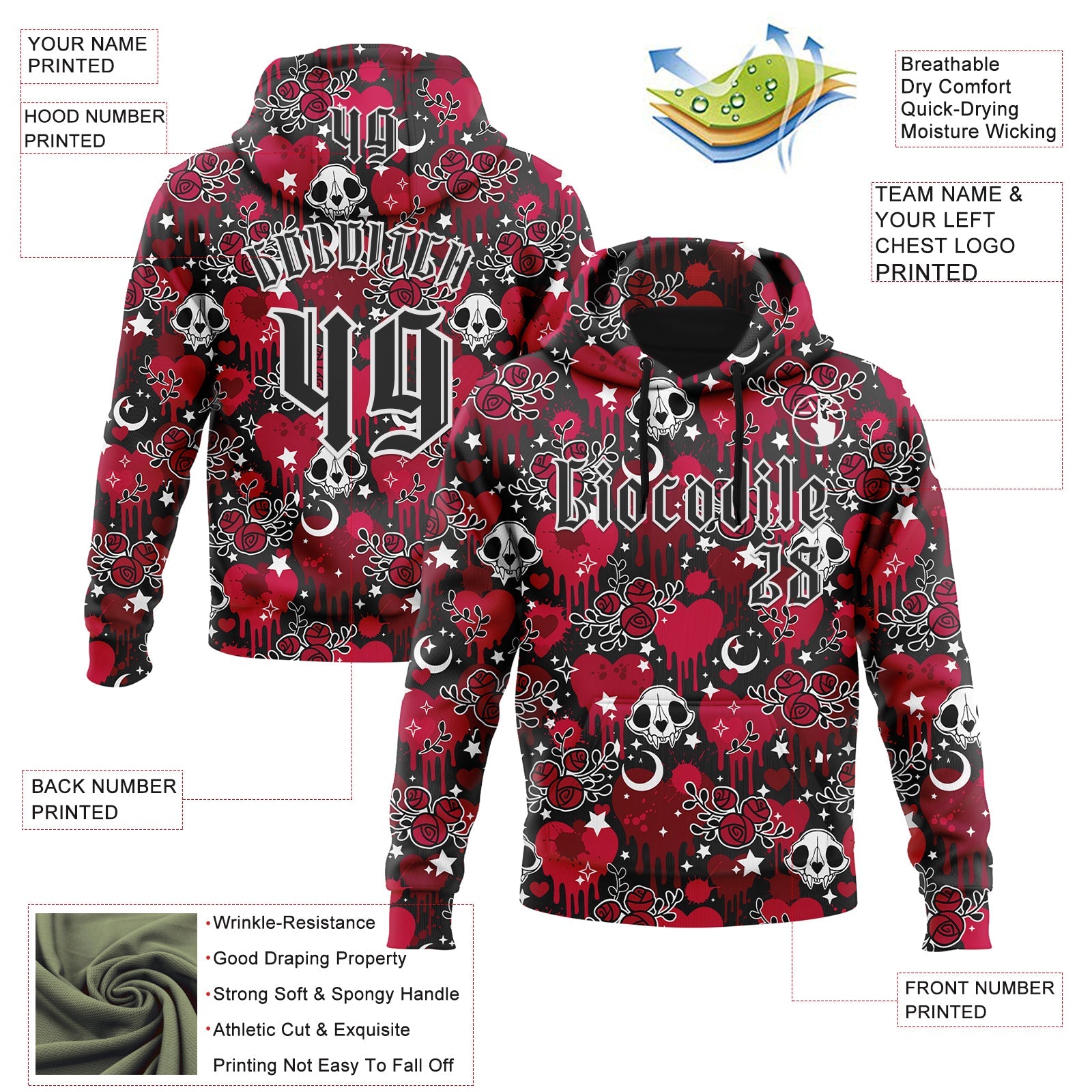 Custom Red Black-White 3D Skull Roses Gothic Splash Hearts Stars Sports Pullover Sweatshirt Hoodie