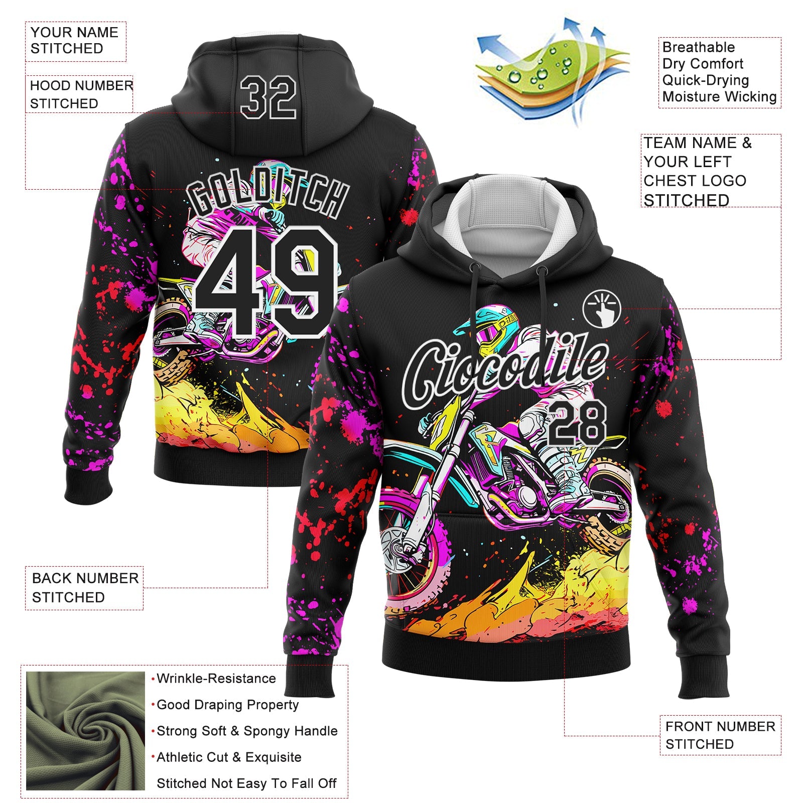 Custom Stitched Black White 3D Pattern Design Motorcycle Motocross Racing Sports Pullover Sweatshirt Hoodie