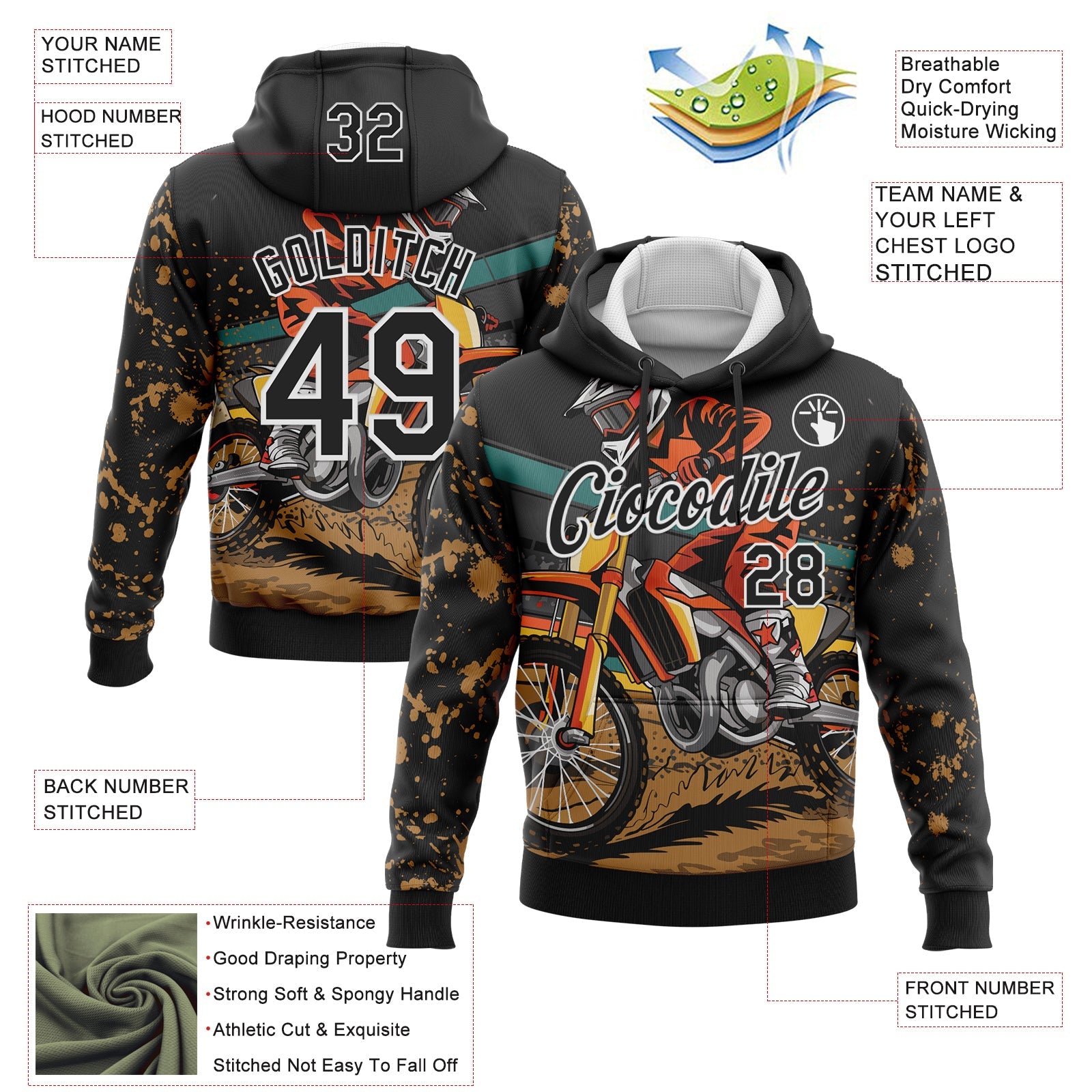 Custom Stitched Black White 3D Pattern Design Motorcycle Motocross Racing Sports Pullover Sweatshirt Hoodie
