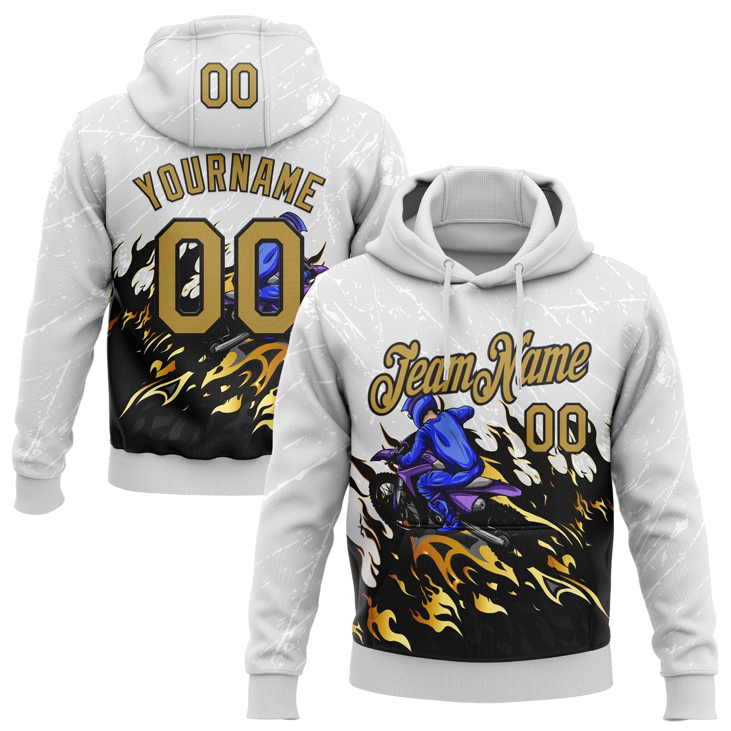 Custom Stitched White Old Gold-Black 3D Pattern Design Flame Motorcycle Motocross Racing Sports Pullover Sweatshirt Hoodie