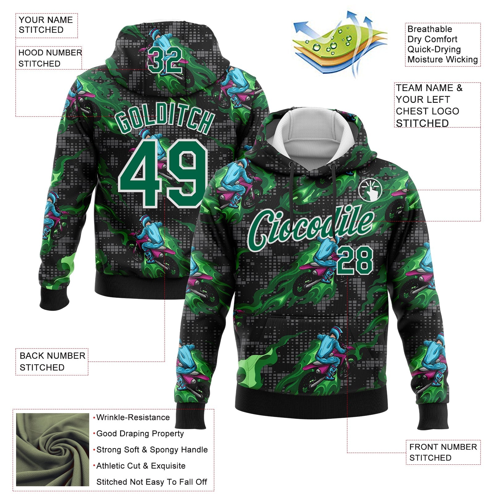 Custom Stitched Black Kelly Green-White 3D Pattern Design Flame Motorcycle Motocross Racing Sports Pullover Sweatshirt Hoodie