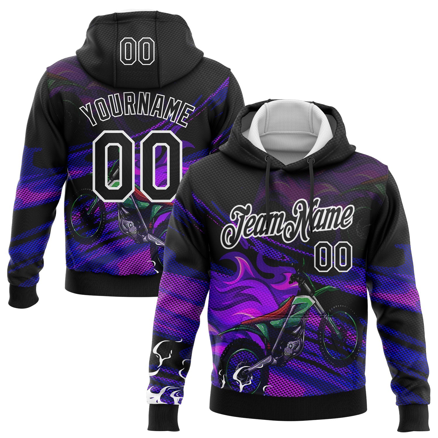 Custom Stitched Black White 3D Pattern Design Flame Motorcycle Motocross Racing Sports Pullover Sweatshirt Hoodie