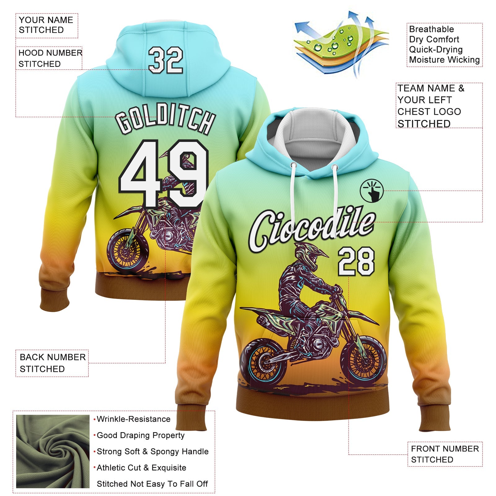 Custom Stitched Green White Yellow Brown-Black 3D Pattern Design Motorcycle Motocross Racing Sports Pullover Sweatshirt Hoodie