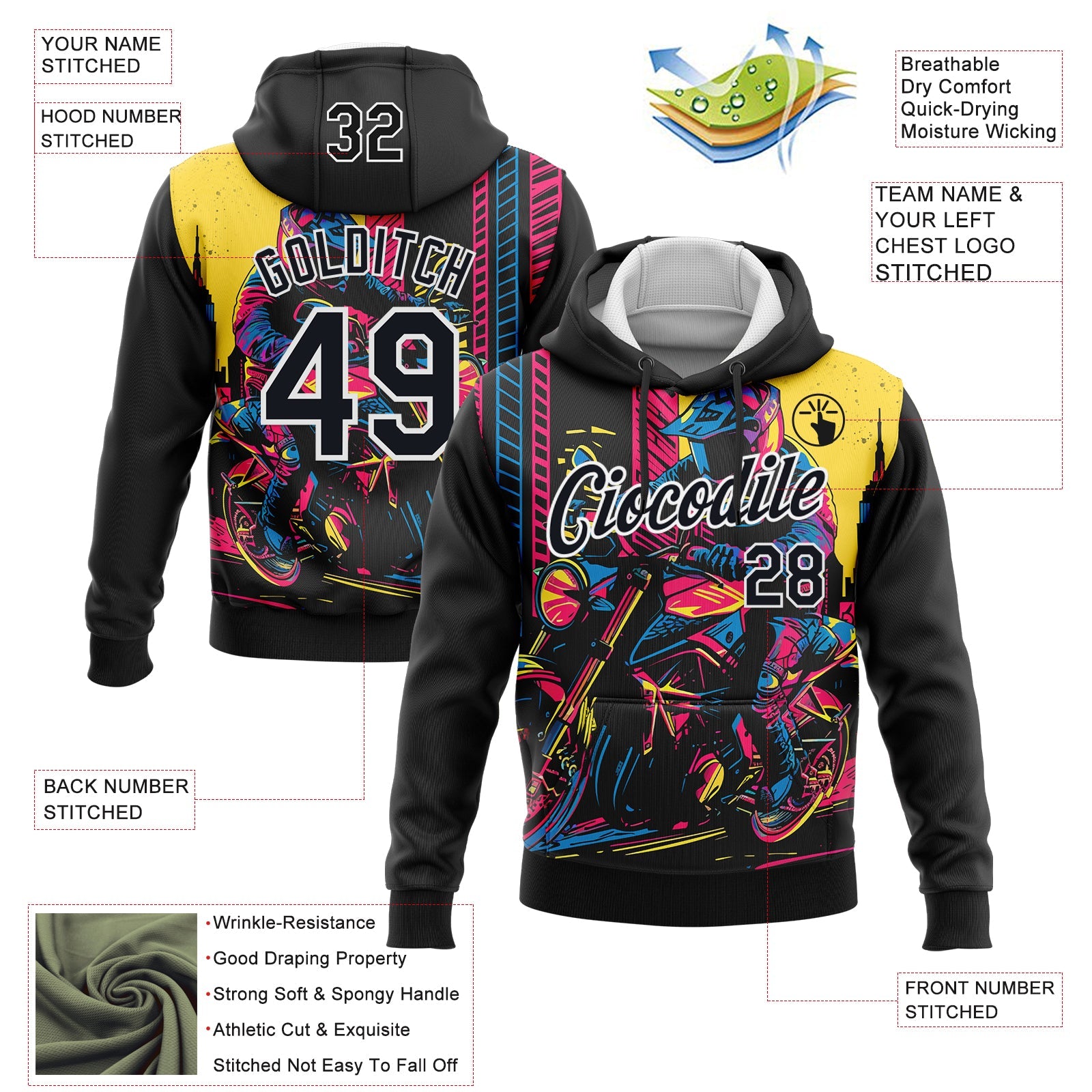 Custom Stitched Black White 3D Pattern Design Motorcycle Motocross Racing Sports Pullover Sweatshirt Hoodie