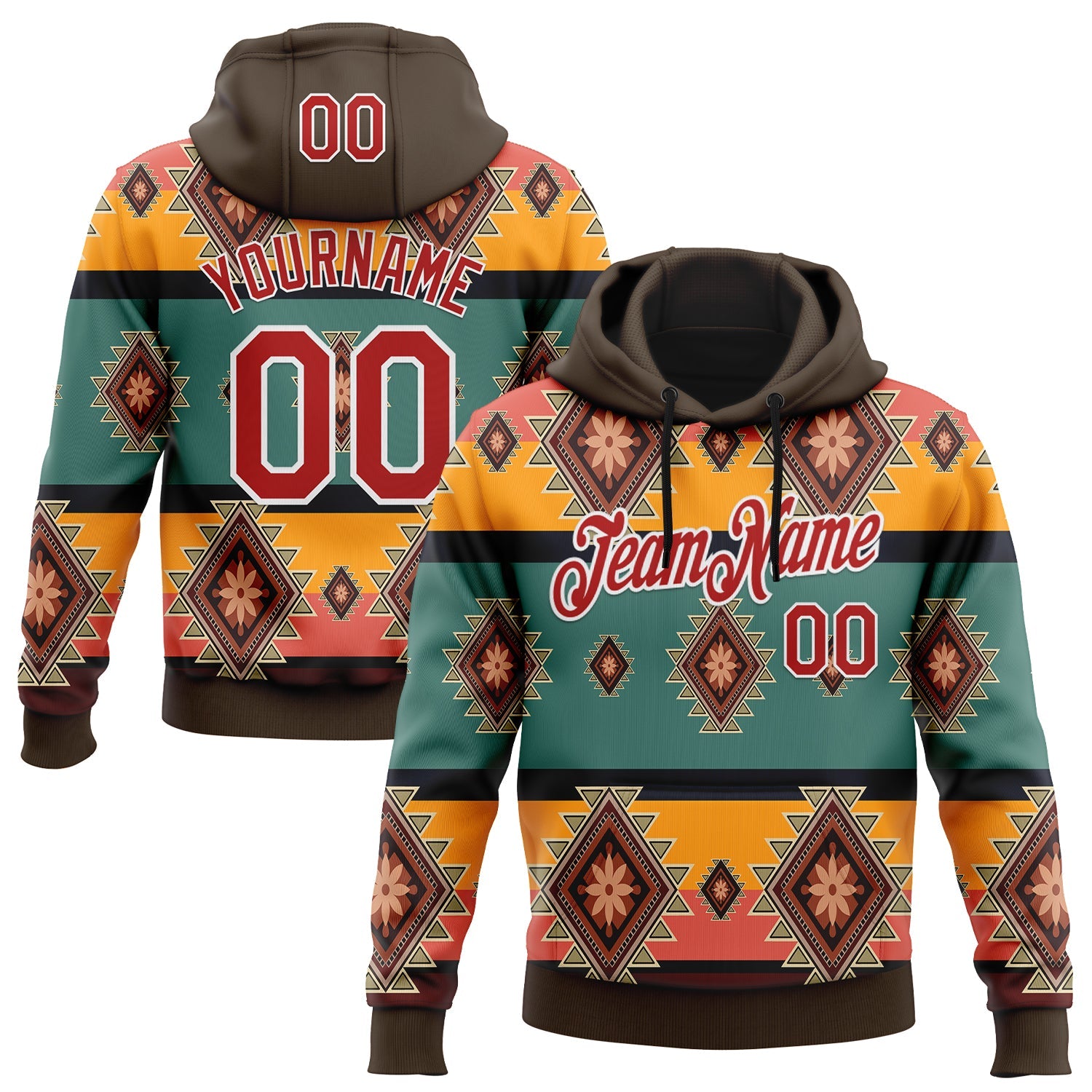 Custom Stitched Brown Red-White 3D Pattern Design Tribal Ethnic Native American Sports Pullover Sweatshirt Hoodie