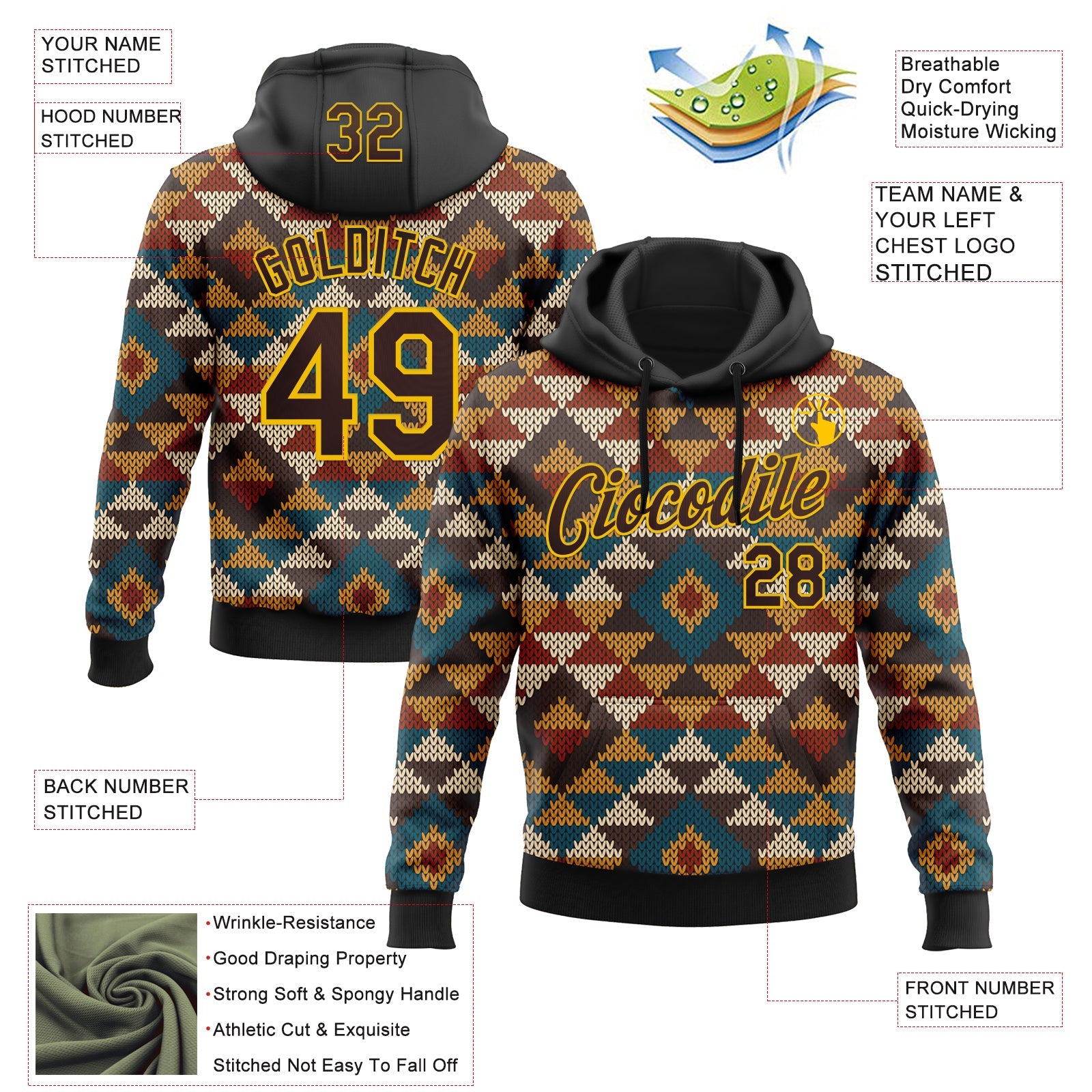 Custom Stitched Black Brown-Yellow 3D Pattern Design Tribal Ethnic Native American Sports Pullover Sweatshirt Hoodie