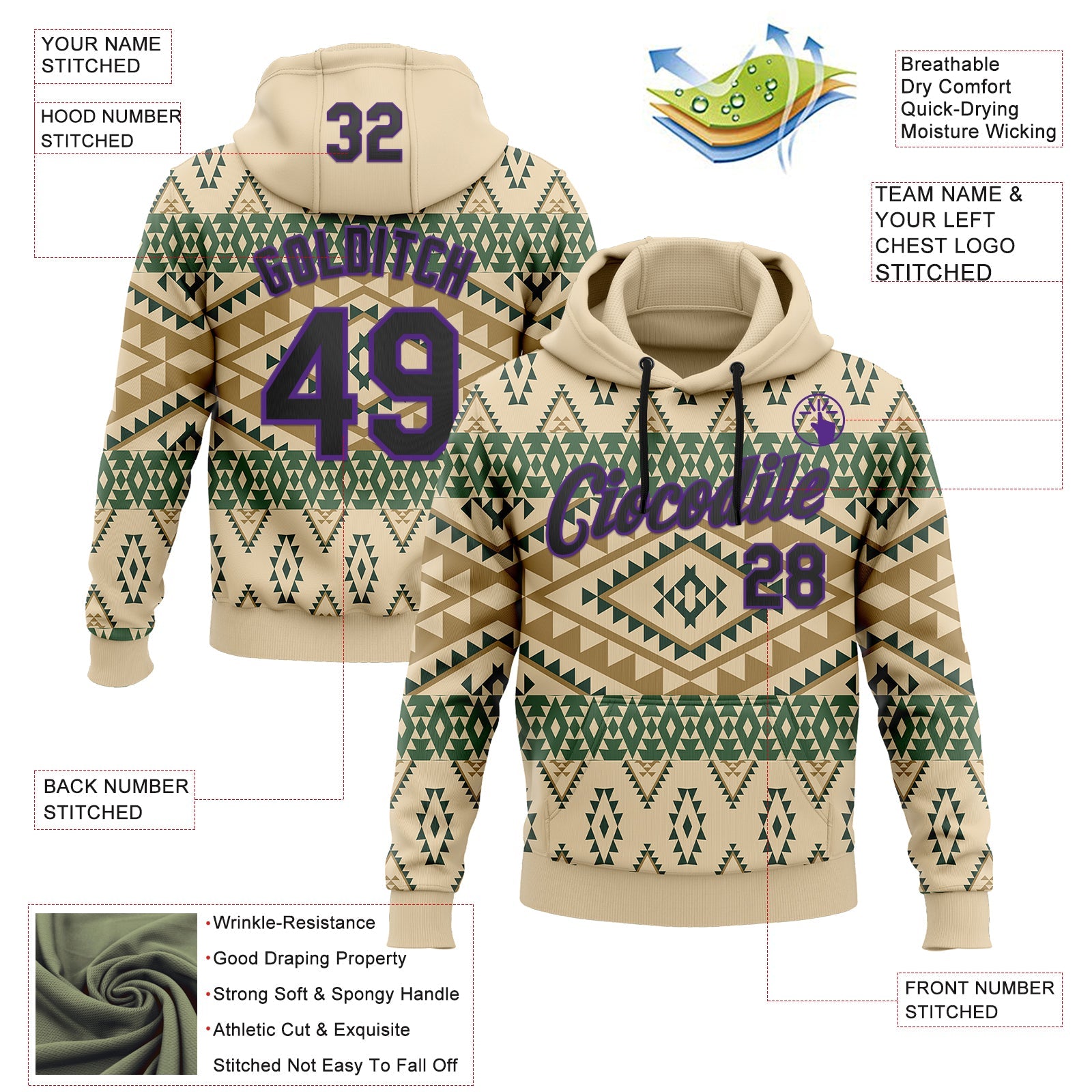 Custom Stitched City Cream Black-Purple 3D Pattern Design Tribal Ethnic Native American Sports Pullover Sweatshirt Hoodie