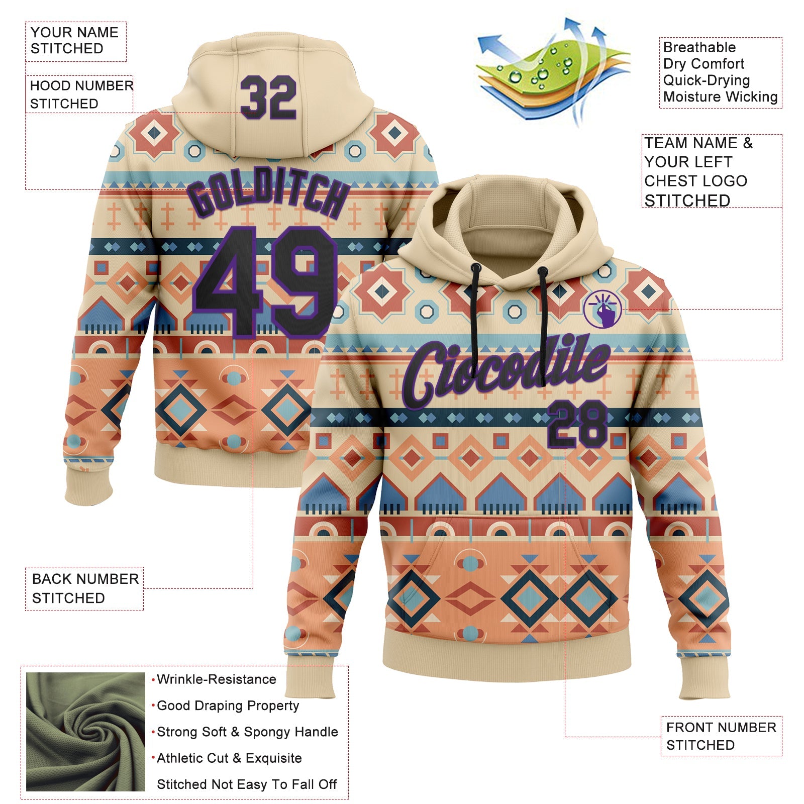 Custom Stitched City Cream Black-Purple 3D Pattern Design Tribal Ethnic Native American Sports Pullover Sweatshirt Hoodie