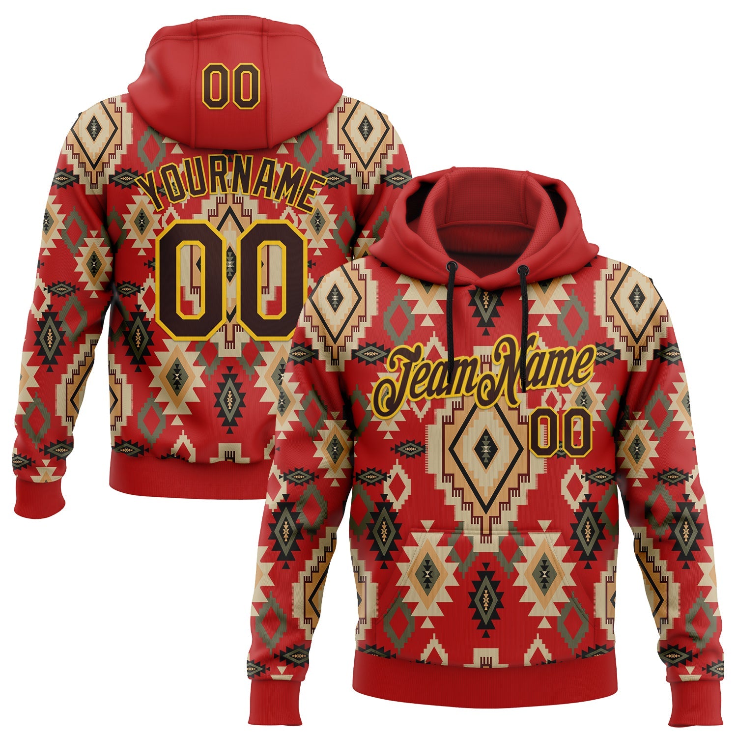 Custom Stitched Red Brown-Yellow 3D Pattern Design Tribal Ethnic Native American Sports Pullover Sweatshirt Hoodie