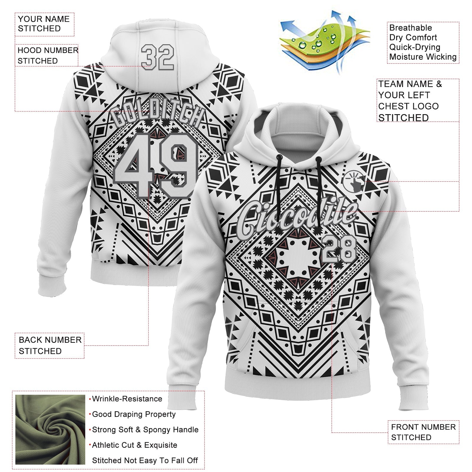 Custom Stitched White Steel Gray 3D Pattern Design Tribal Ethnic Native American Sports Pullover Sweatshirt Hoodie