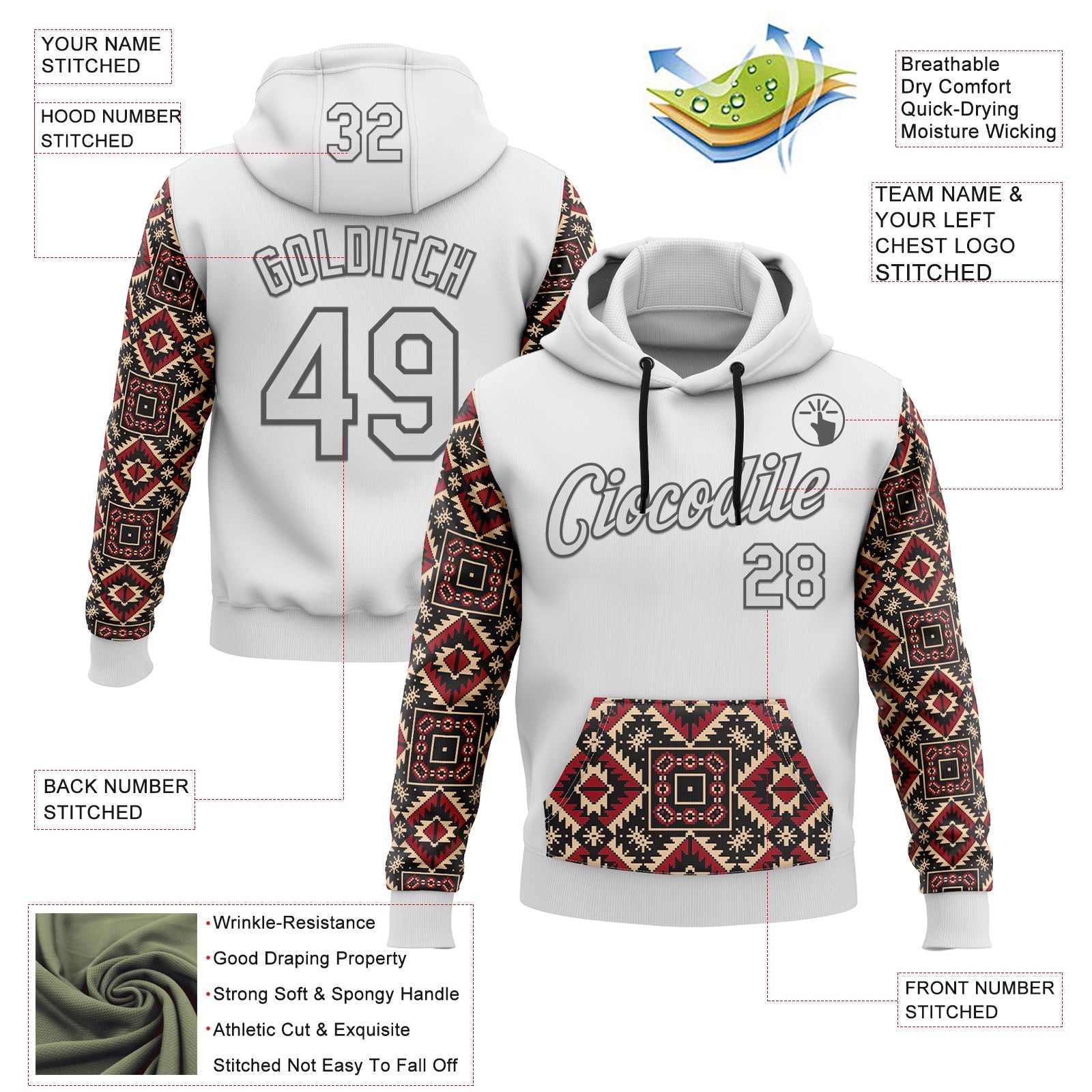 Custom Stitched White Steel Gray 3D Pattern Design Tribal Ethnic Native American Sports Pullover Sweatshirt Hoodie