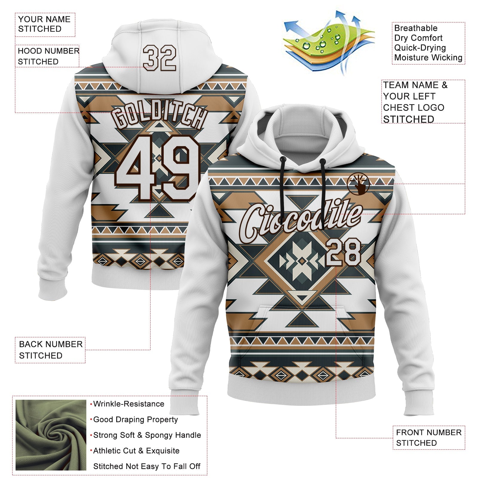 Custom Stitched White Brown 3D Pattern Design Tribal Ethnic Native American Sports Pullover Sweatshirt Hoodie