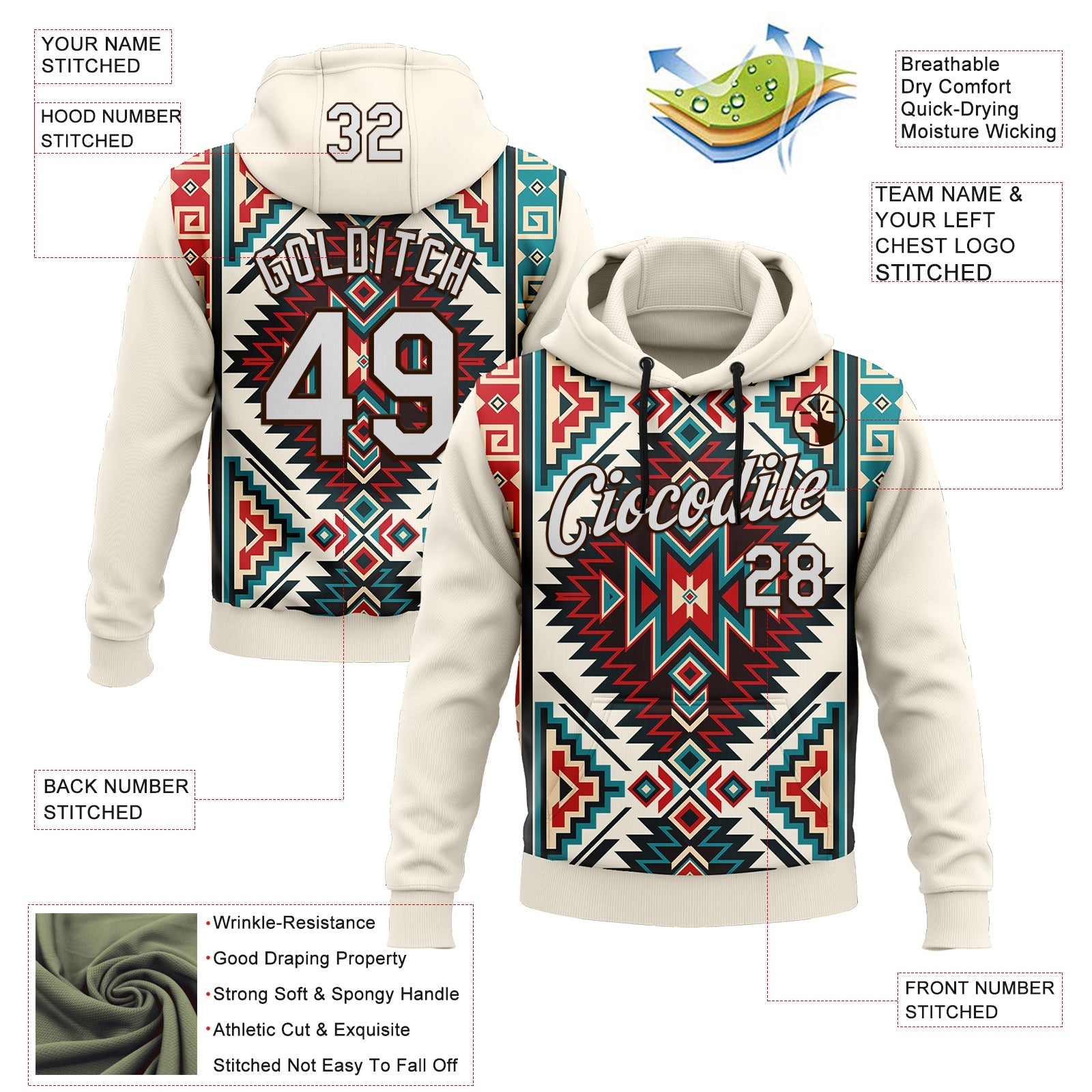 Custom Stitched Cream White-Brown 3D Pattern Design Tribal Ethnic Native American Sports Pullover Sweatshirt Hoodie