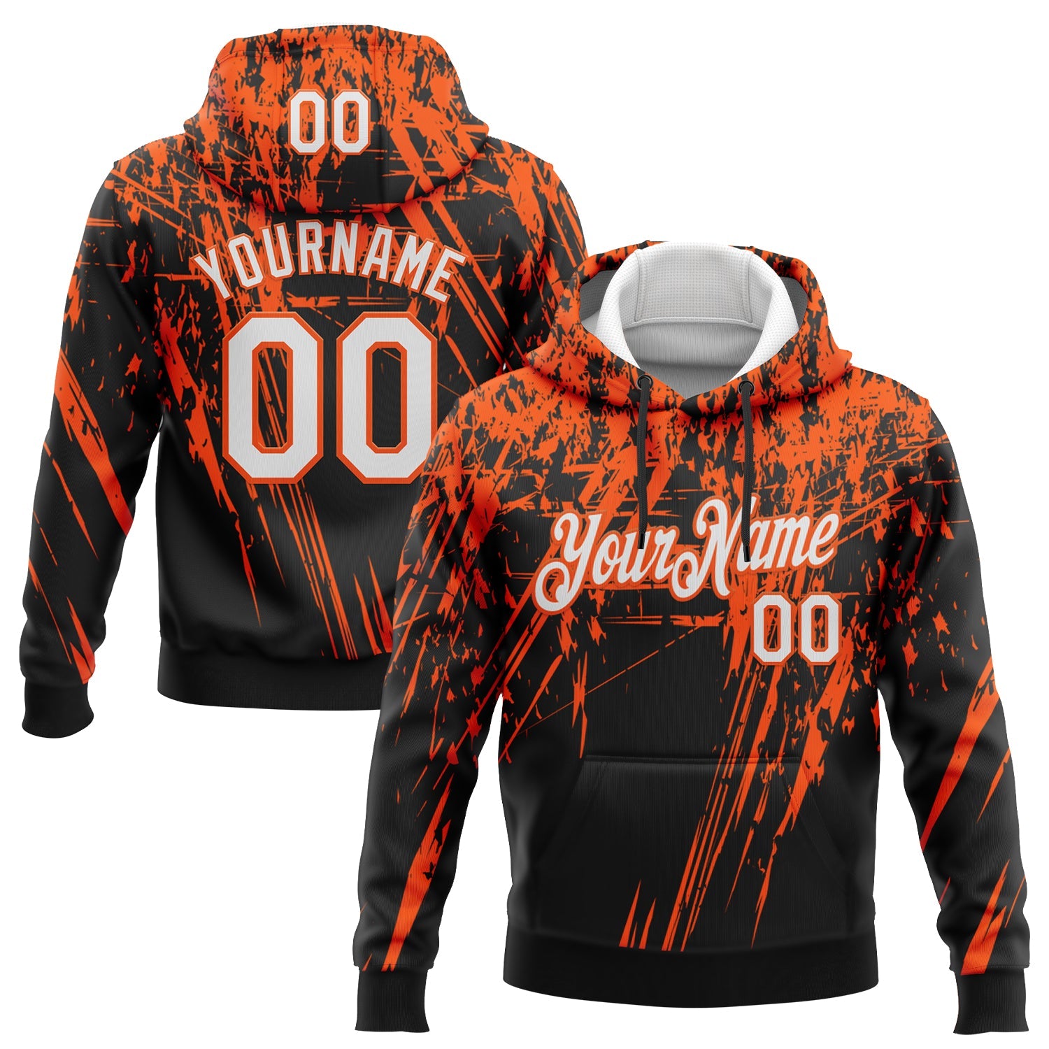 Custom Stitched Black White-Orange 3D Pattern Design Splash Grunge Art Sports Pullover Sweatshirt Hoodie