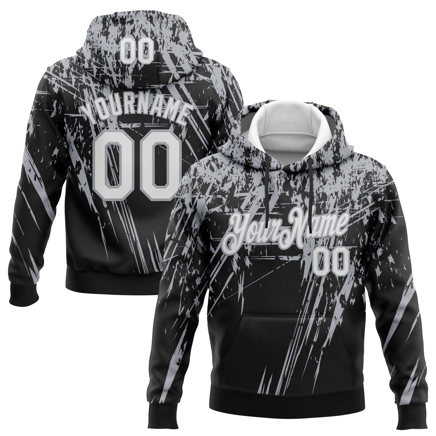 Custom Stitched Black White-Gray 3D Pattern Design Splash Grunge Art Sports Pullover Sweatshirt Hoodie